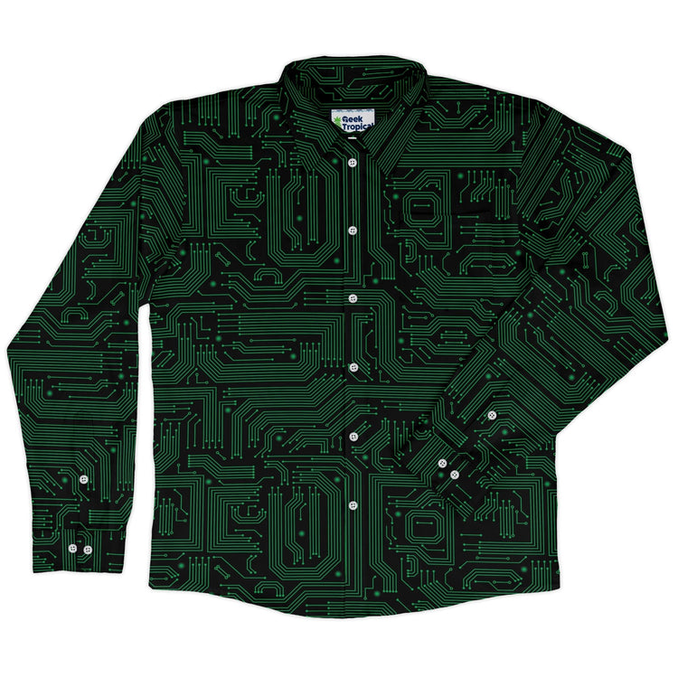 Green Computer Circuits Long Sleeve Button Up Shirt Geek Nerd adult sizing computer print FLOW DESC WRITING