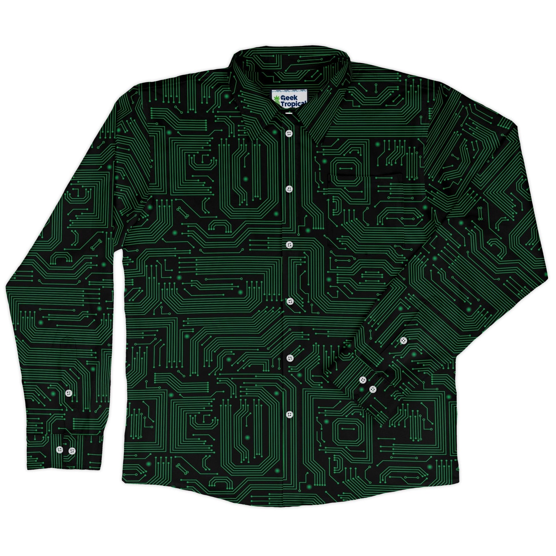 Green Computer Circuits Long Sleeve Button Up Shirt Geek Nerd adult sizing computer print FLOW DESC WRITING