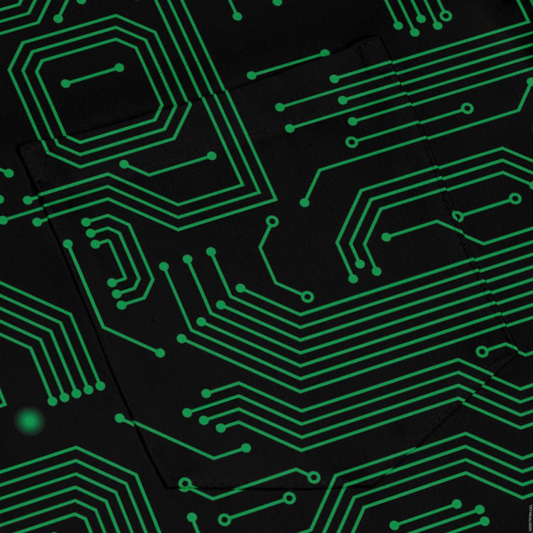 Green Computer Circuits Long Sleeve Button Up Shirt Geek Nerd adult sizing computer print FLOW DESC WRITING