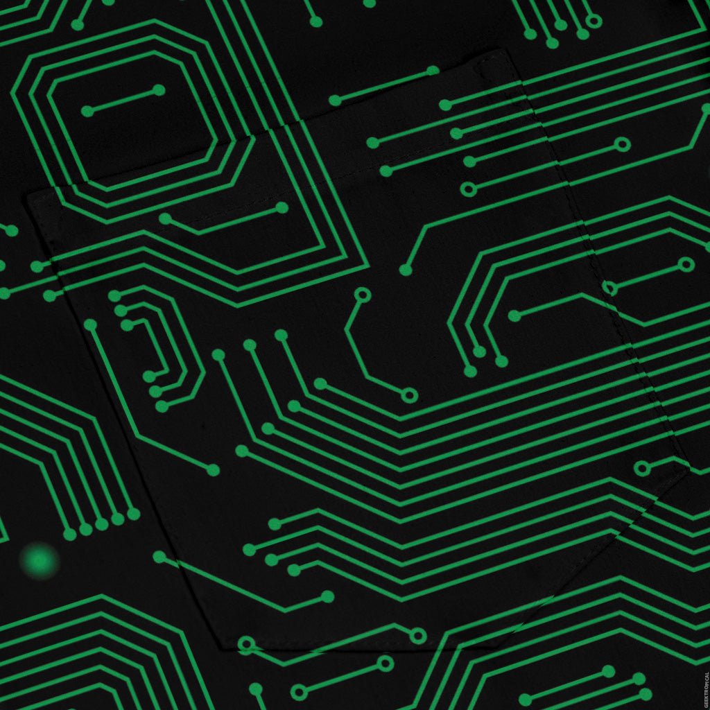 Green Computer Circuits Long Sleeve Button Up Shirt Geek Nerd adult sizing computer print FLOW DESC WRITING