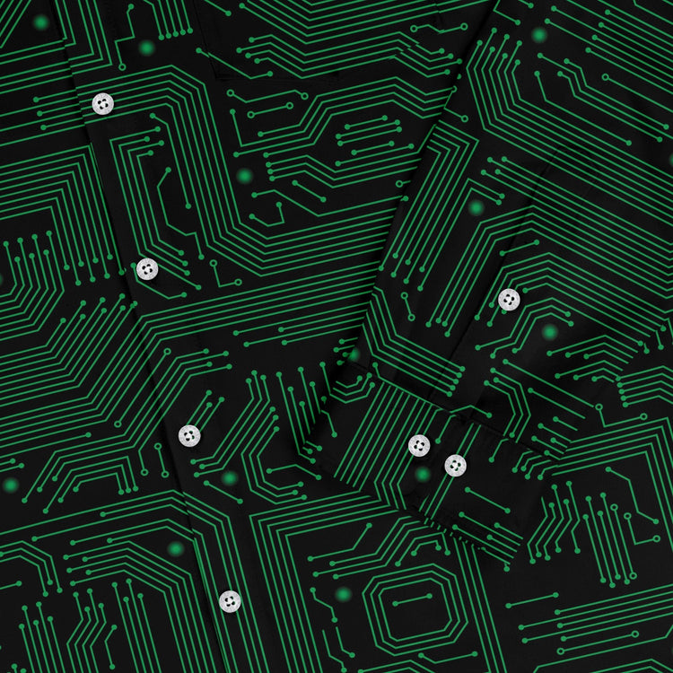 Green Computer Circuits Long Sleeve Button Up Shirt Geek Nerd adult sizing computer print FLOW DESC WRITING