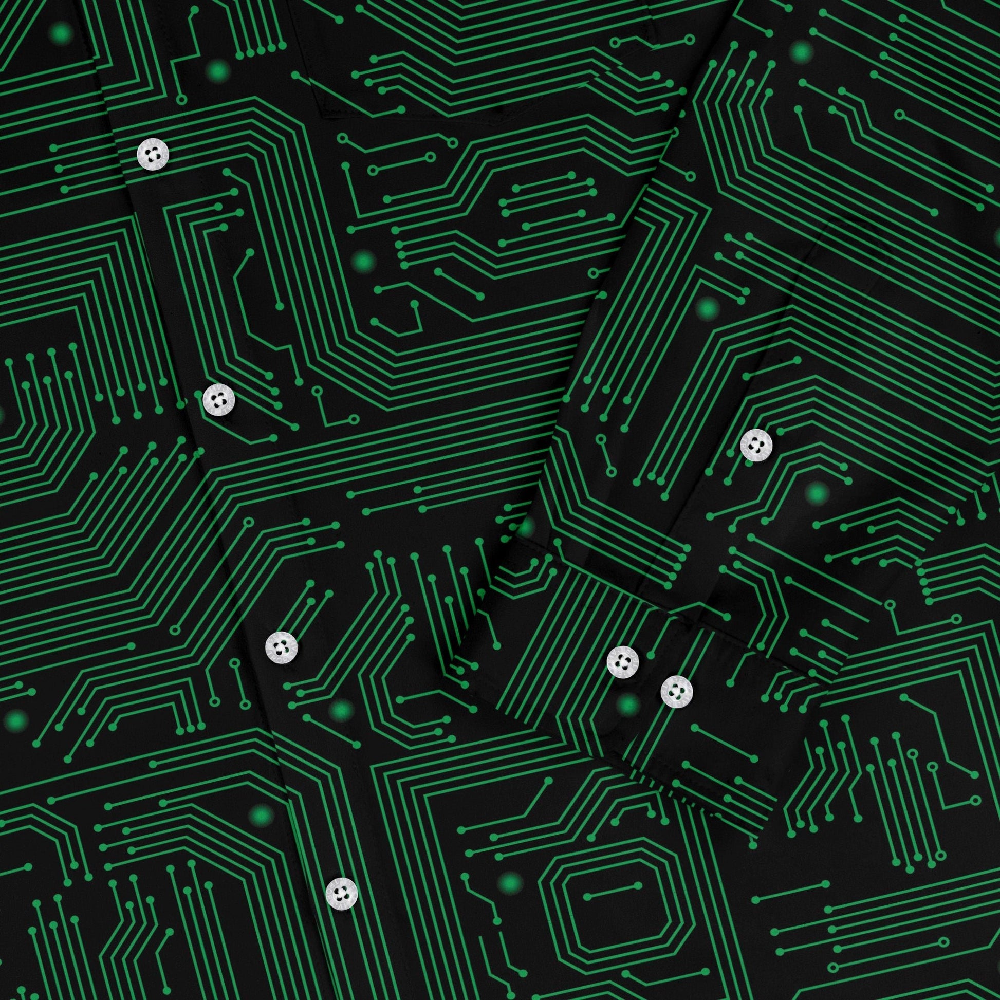 Green Computer Circuits Long Sleeve Button Up Shirt Geek Nerd adult sizing computer print FLOW DESC WRITING