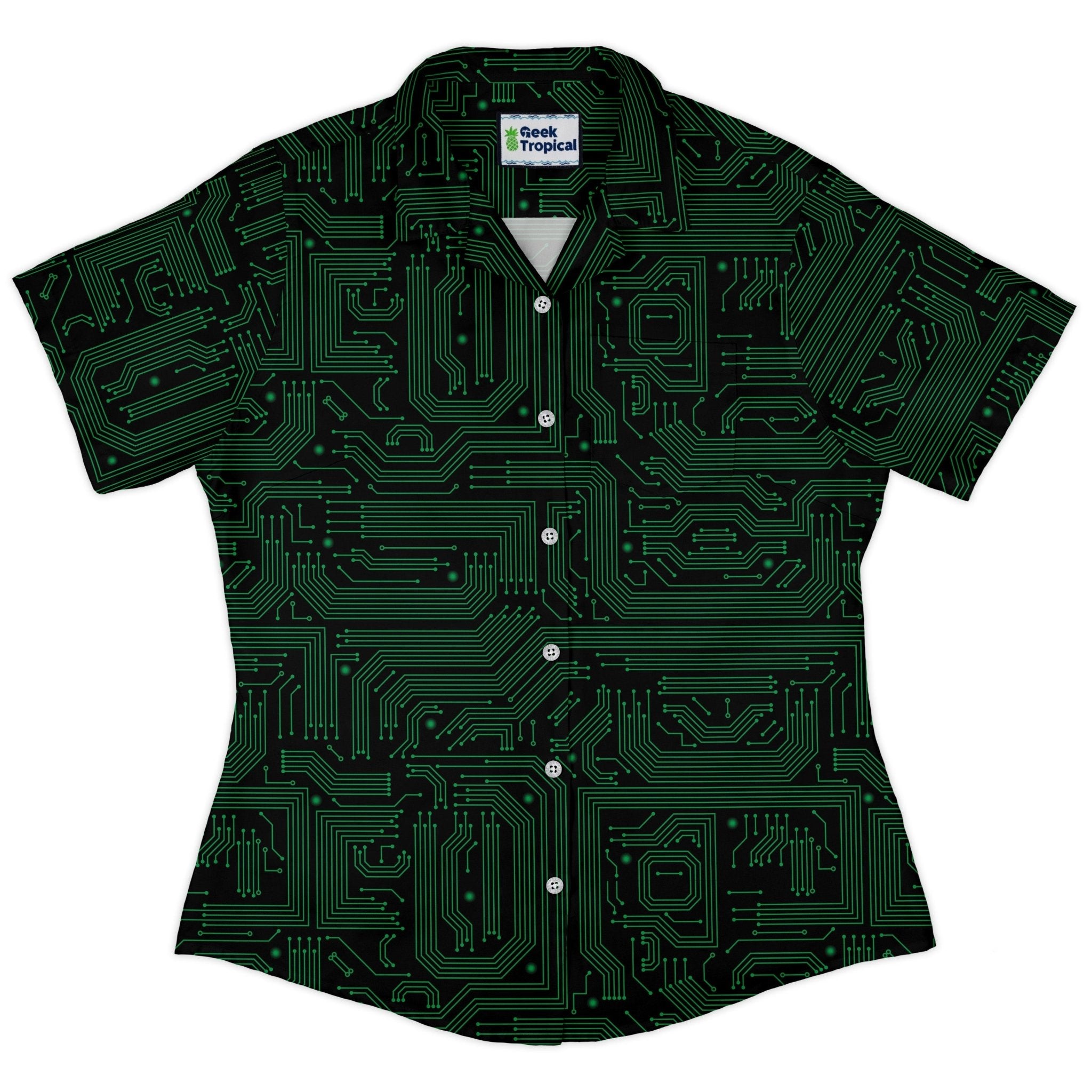 Green Computer Circuits Curvy Button Up Shirt Geek Nerd computer print women