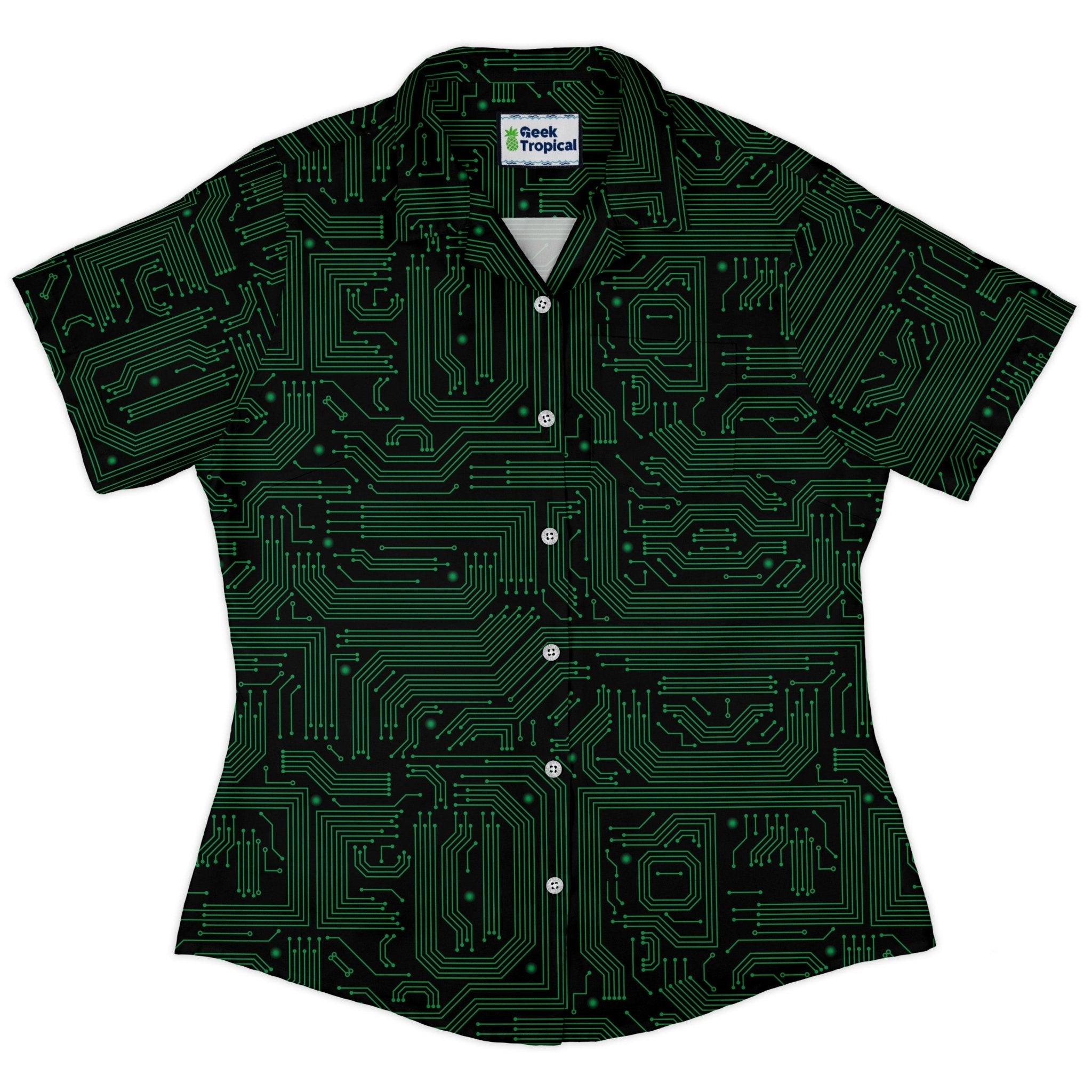 Computer Chip Clothes Green Computer Circuits Curvy Button Up Shirt | Geek Tropical
