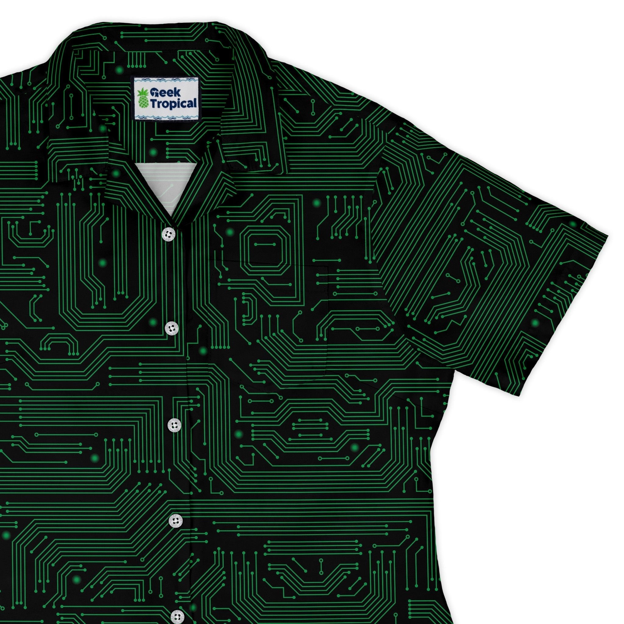 Green Computer Circuits Curvy Button Up Shirt Geek Nerd computer print women