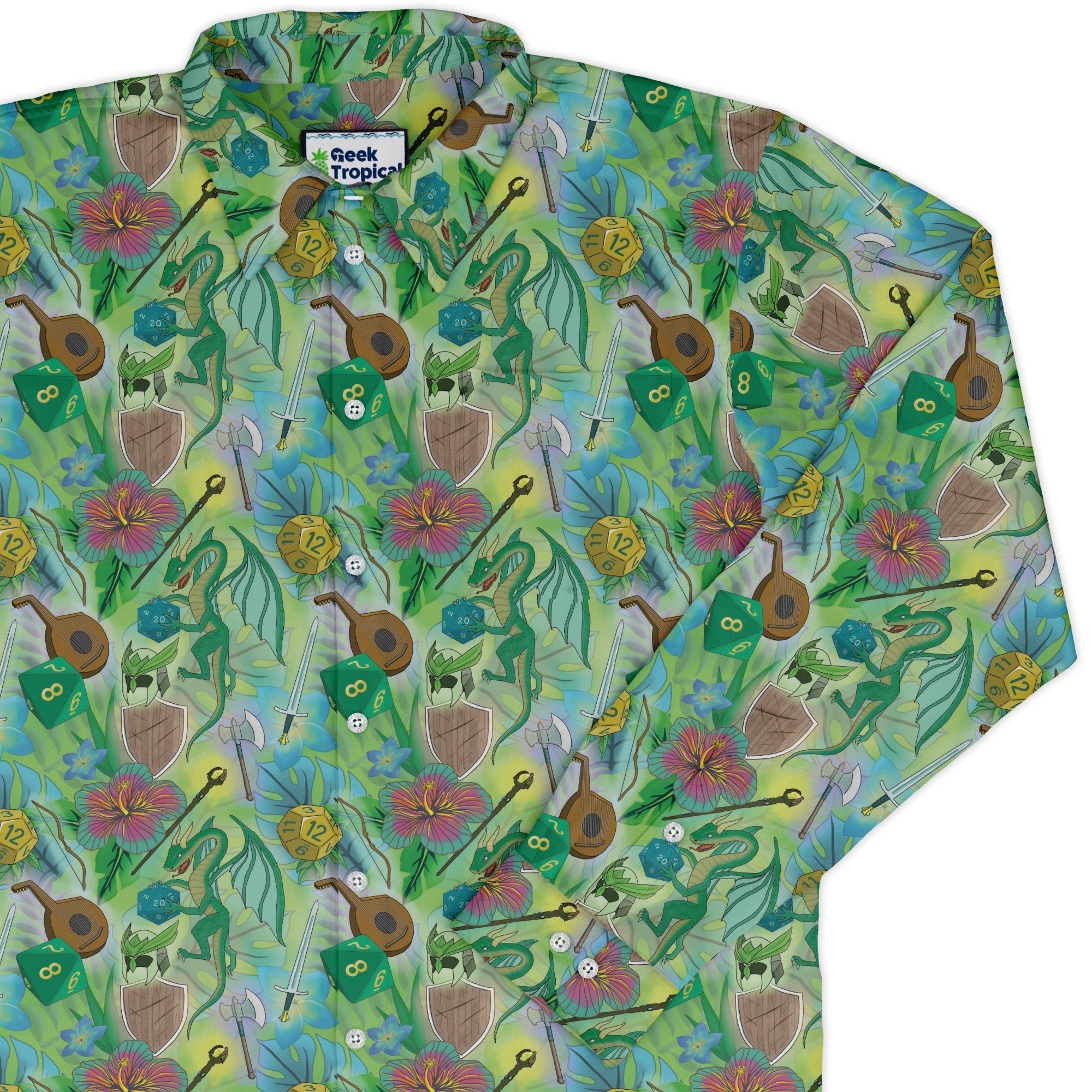 Green Dragon Encounter Dnd Long Sleeve Button Up Shirt Geek Nerd adult sizing Animal Patterns Designs by Nathan