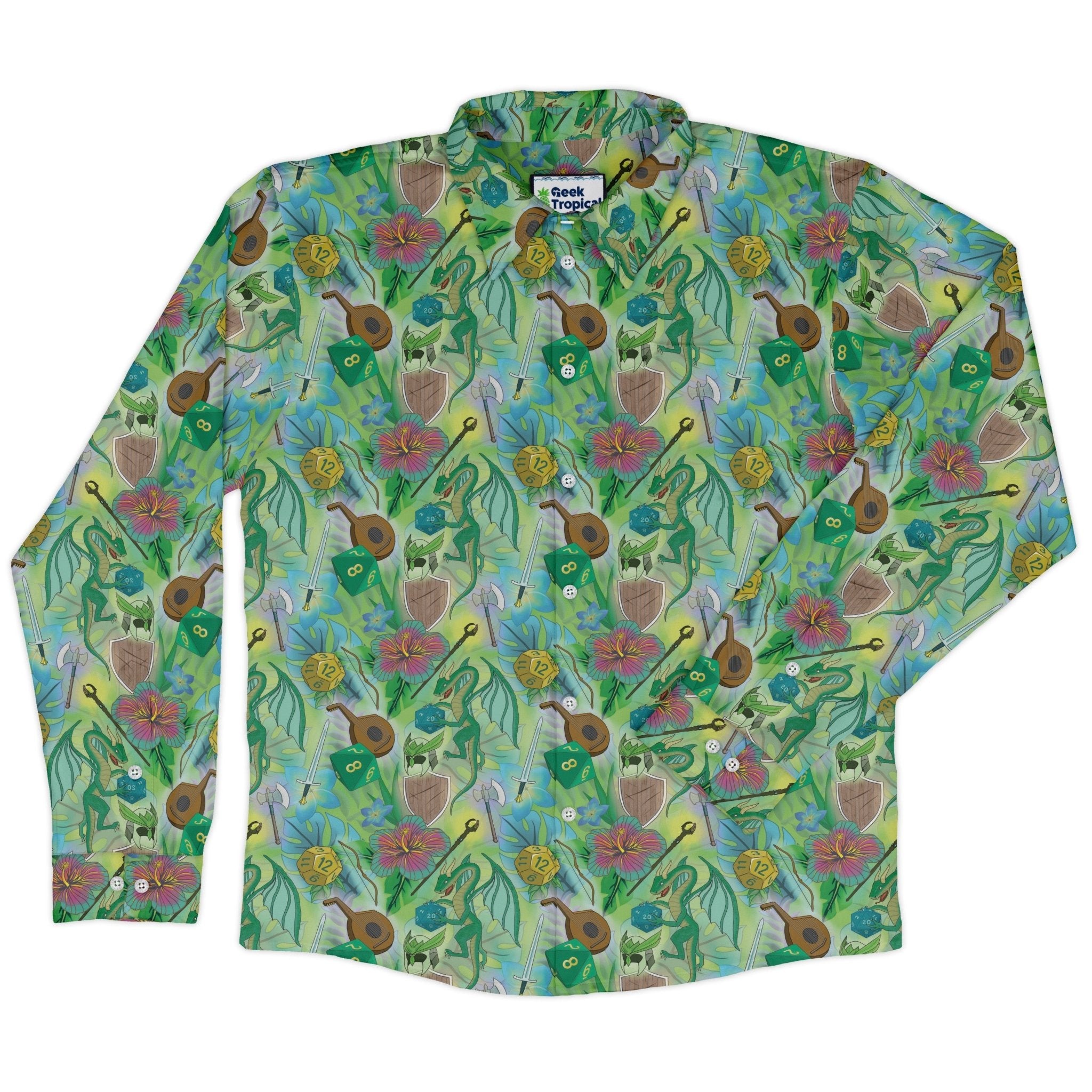 Green Dragon Encounter Dnd Long Sleeve Button Up Shirt Geek Nerd adult sizing Animal Patterns Designs by Nathan