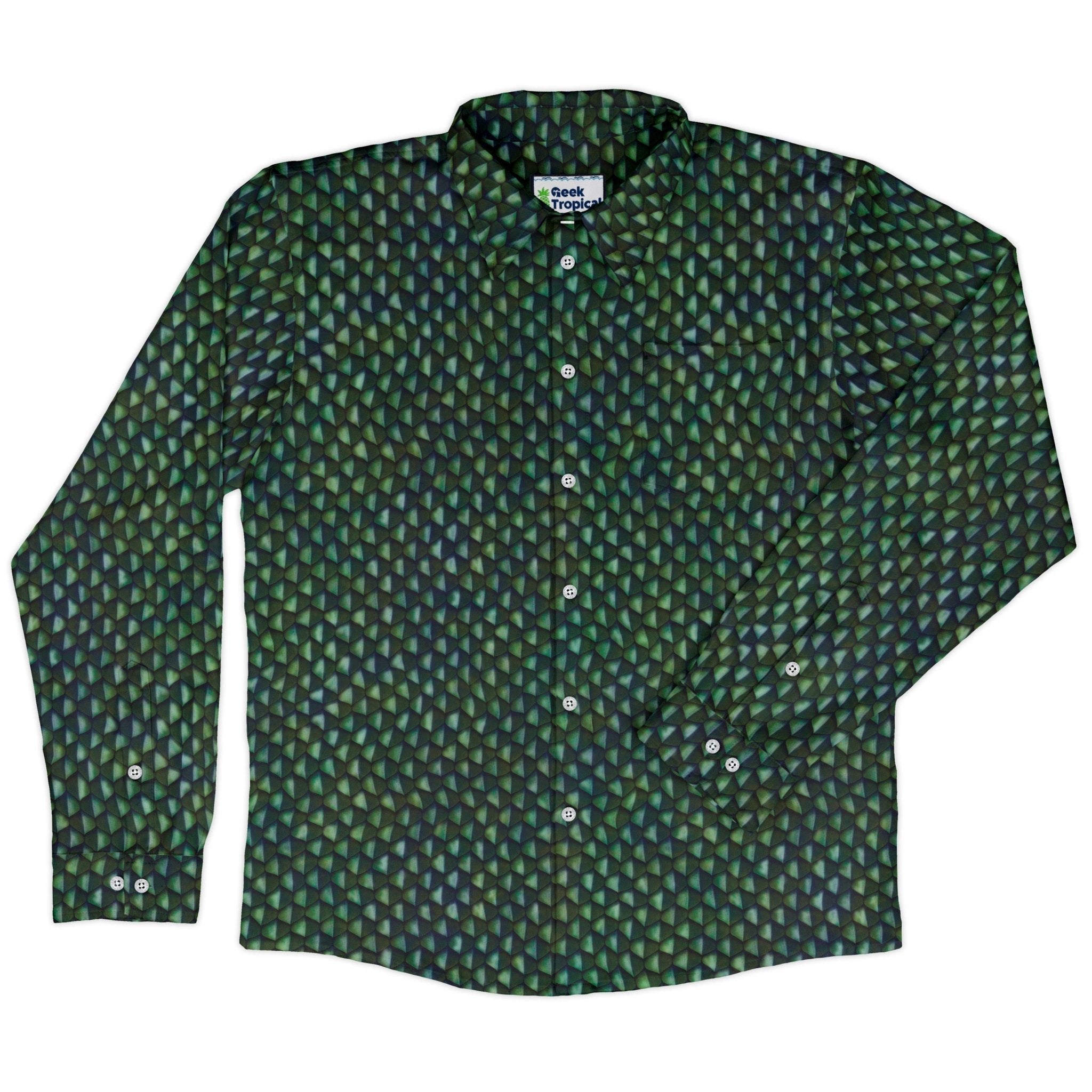 Green Dragon Scales Long Sleeve Button Up Shirt Geek Nerd adult sizing Designs by Nathan dnd & rpg print