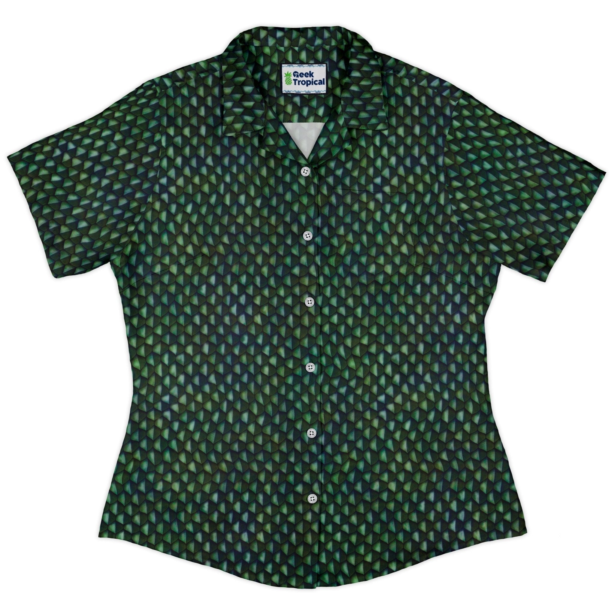 Green Dragon Scales Curvy Button Up Shirt Geek Nerd Designs by Nathan dnd & rpg print women