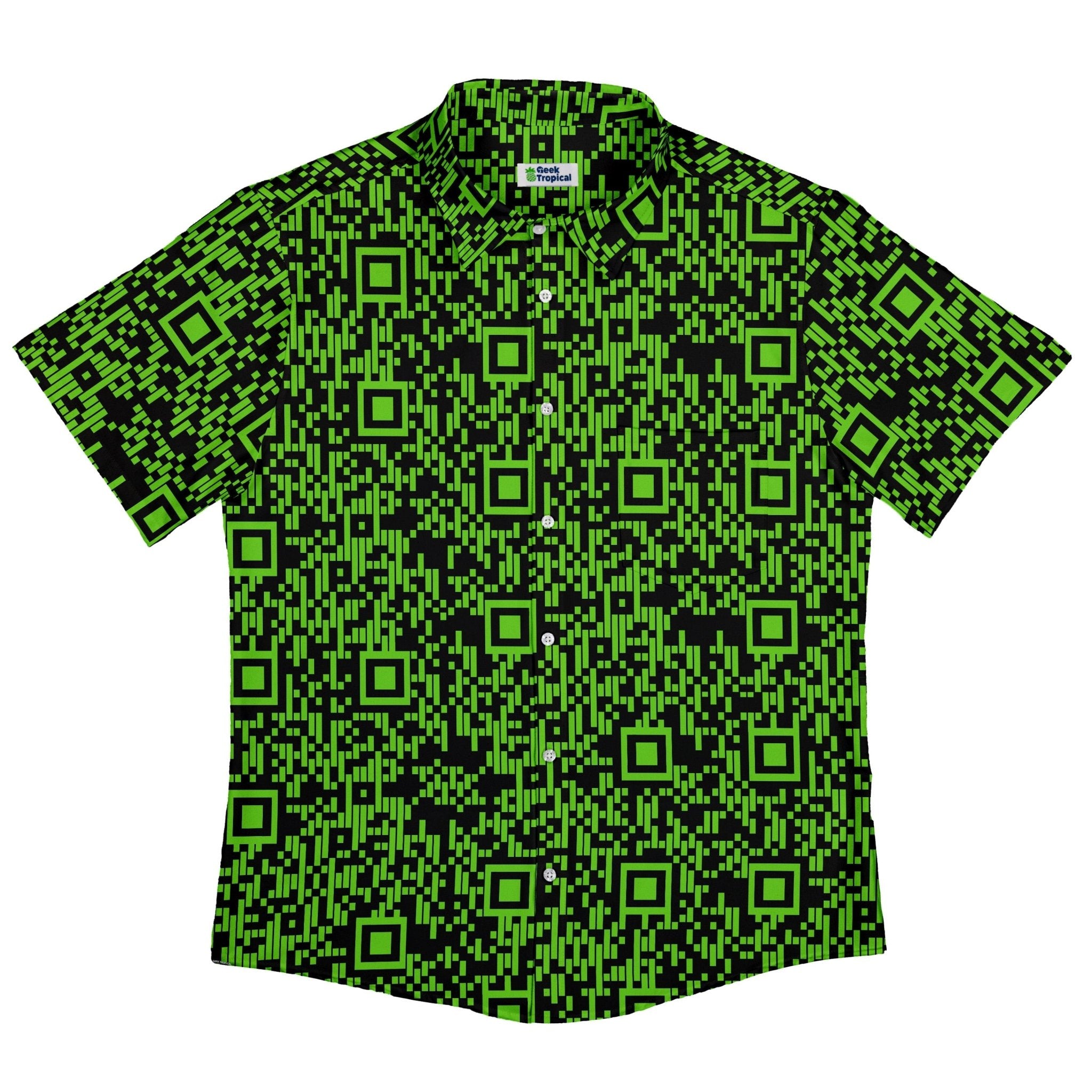 Green QR Codes Button Up Shirt - adult sizing - computer print -