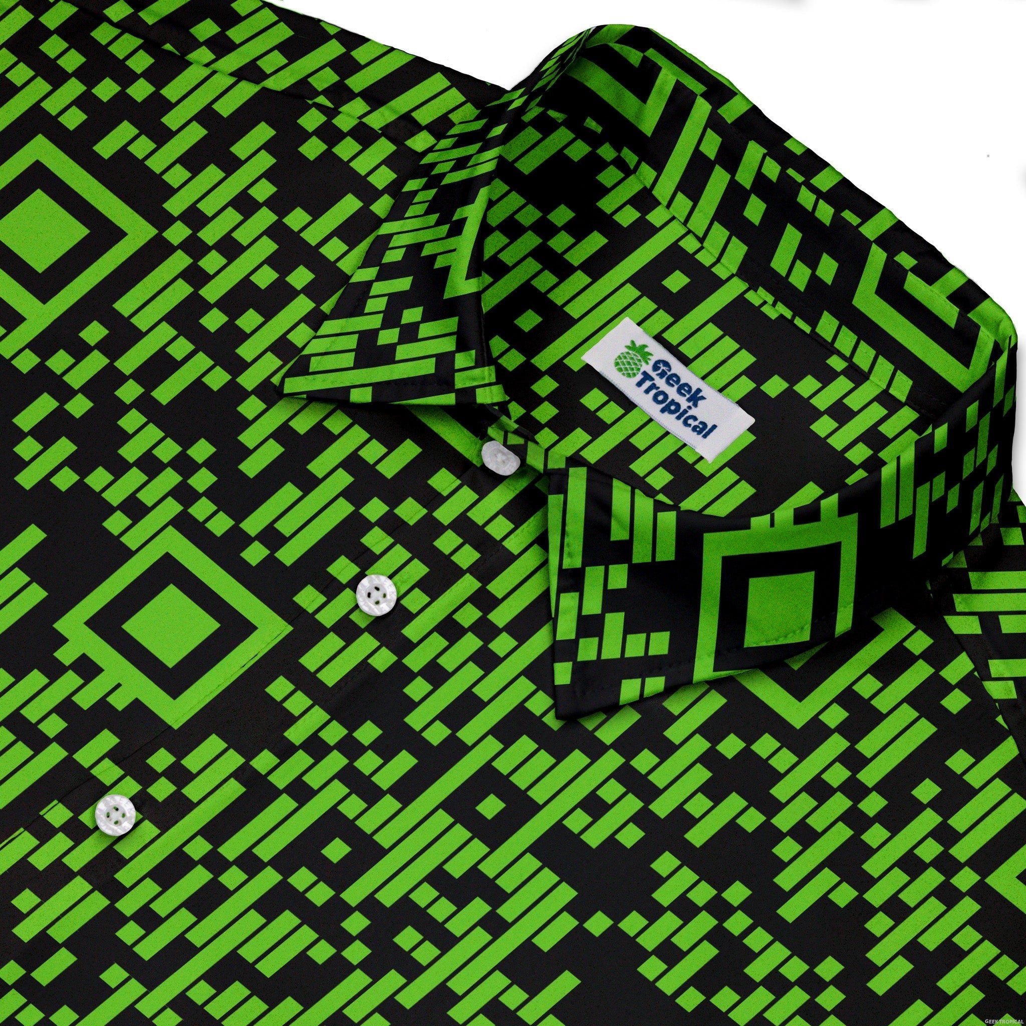 Green QR Codes Button Up Shirt - adult sizing - computer print -