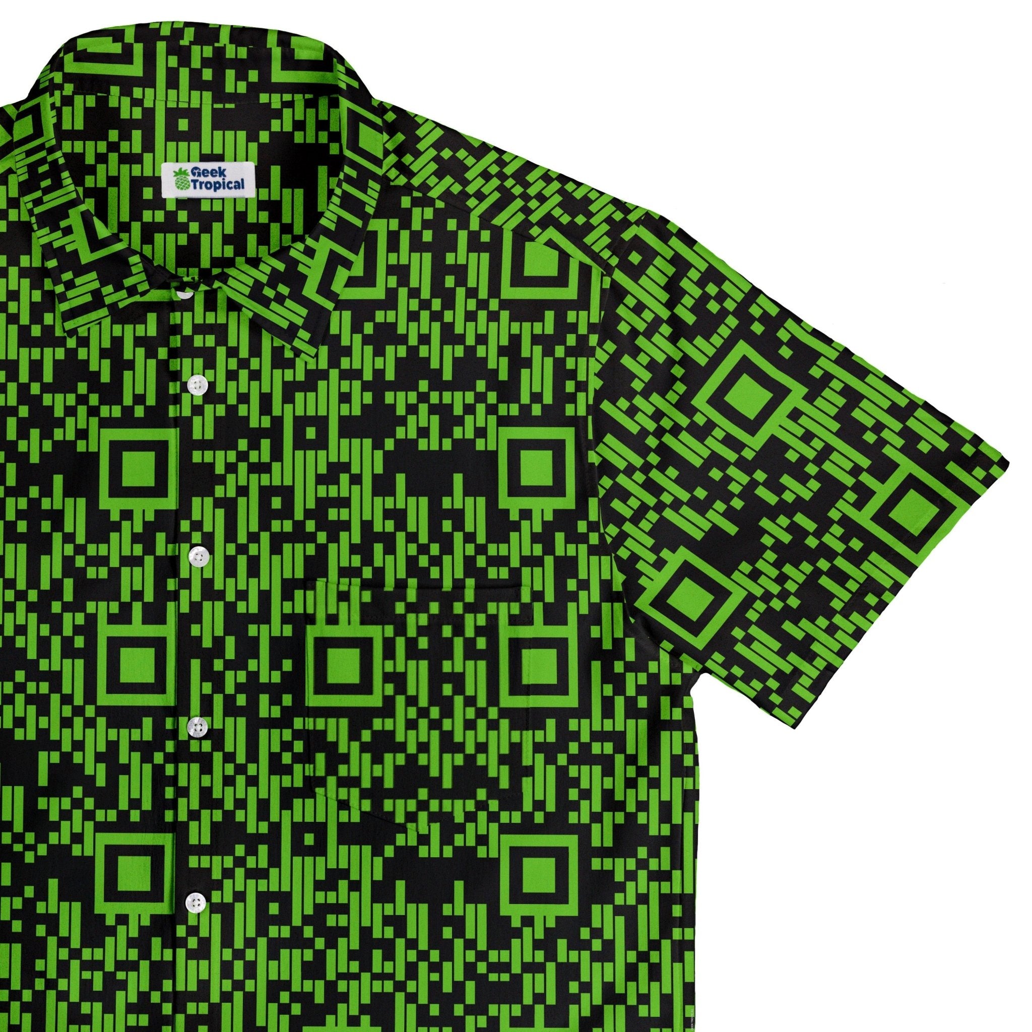 Green QR Codes Button Up Shirt - adult sizing - computer print -