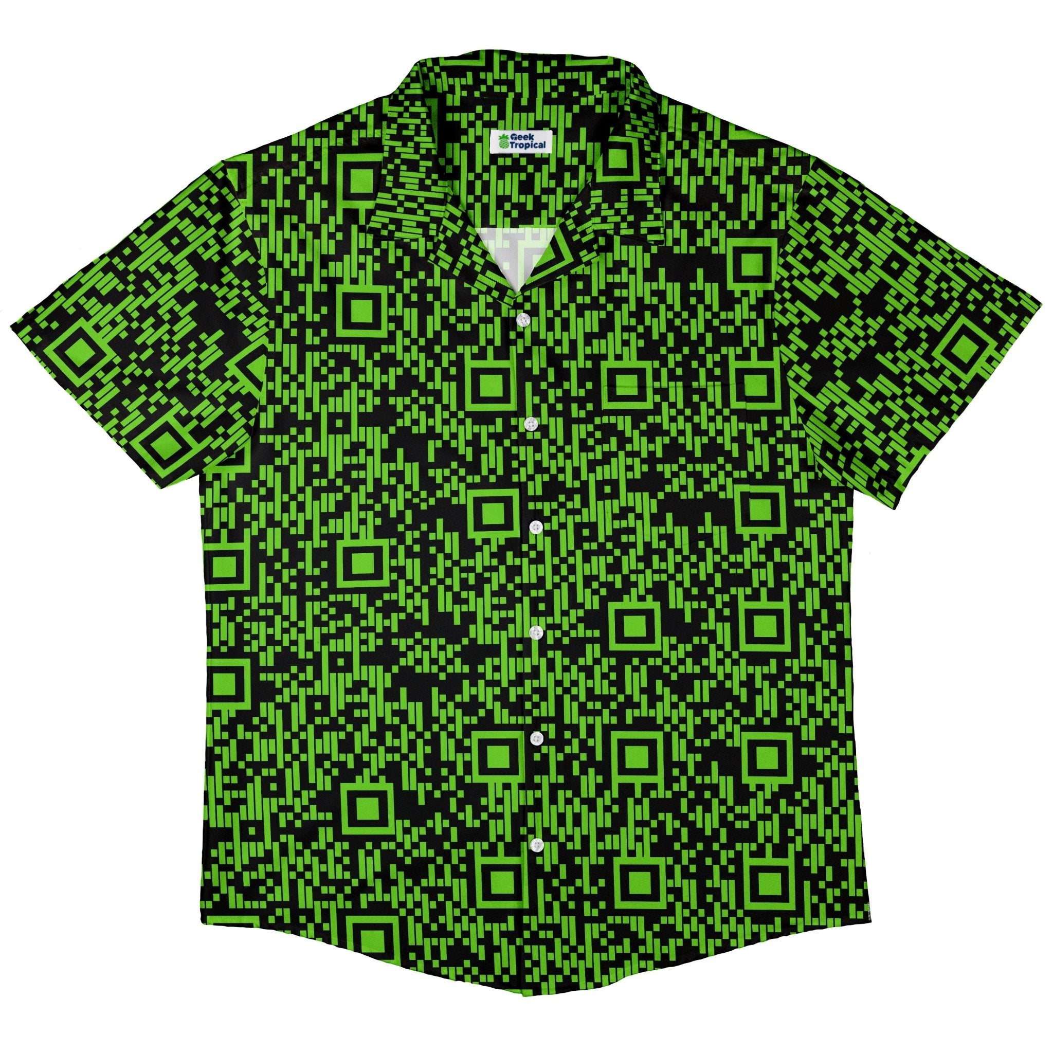 Green QR Codes Button Up Shirt - adult sizing - computer print -