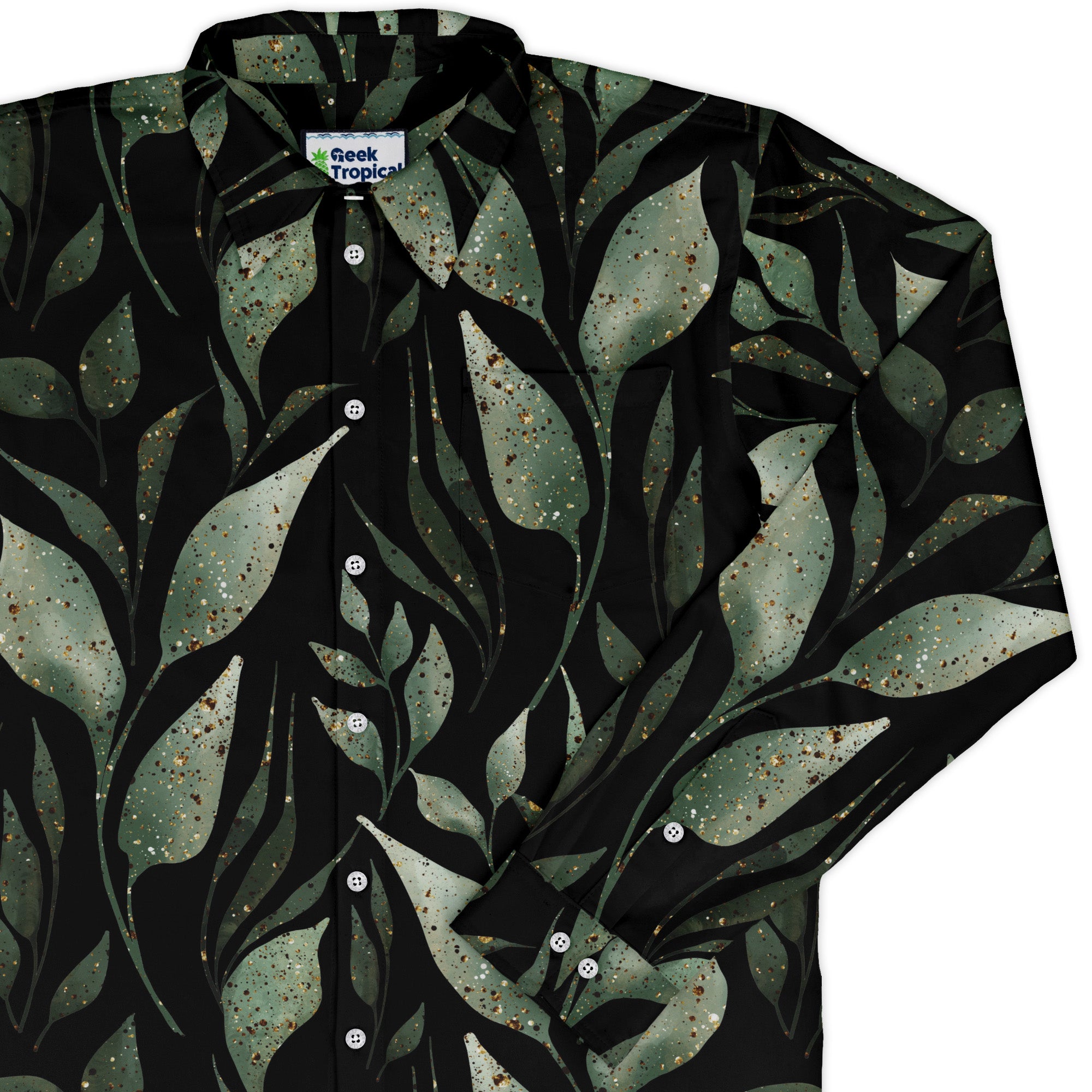 Growing Leaves Metallic Specs Long Sleeve Button Up Shirt Geek Nerd adult sizing Botany Print FLOW DESC WRITING