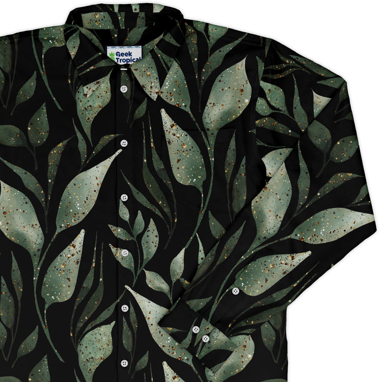 Growing Leaves Metallic Specs Long Sleeve Button Up Shirt Geek Nerd adult sizing Botany Print FLOW DESC WRITING