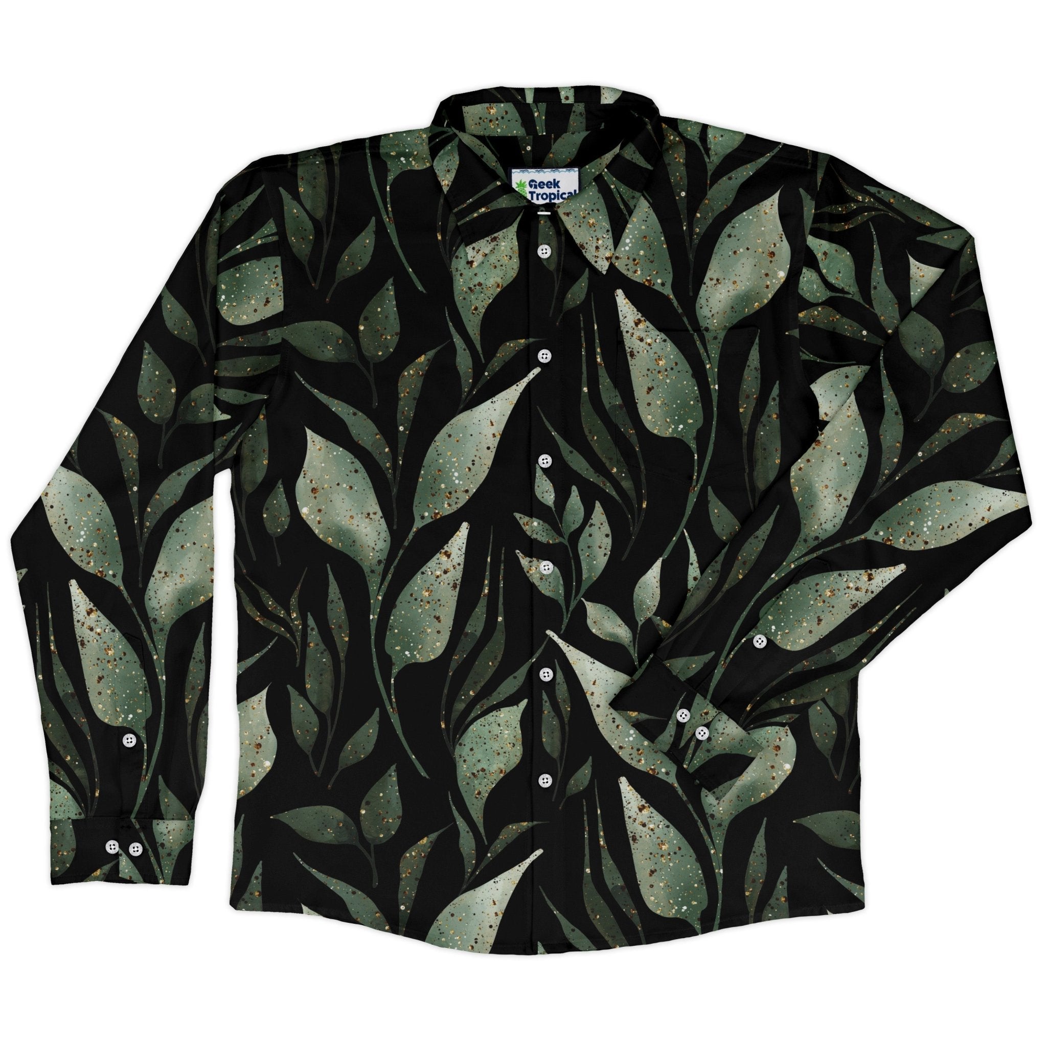 Growing Leaves Metallic Specs Long Sleeve Button Up Shirt Geek Nerd adult sizing Botany Print FLOW DESC WRITING