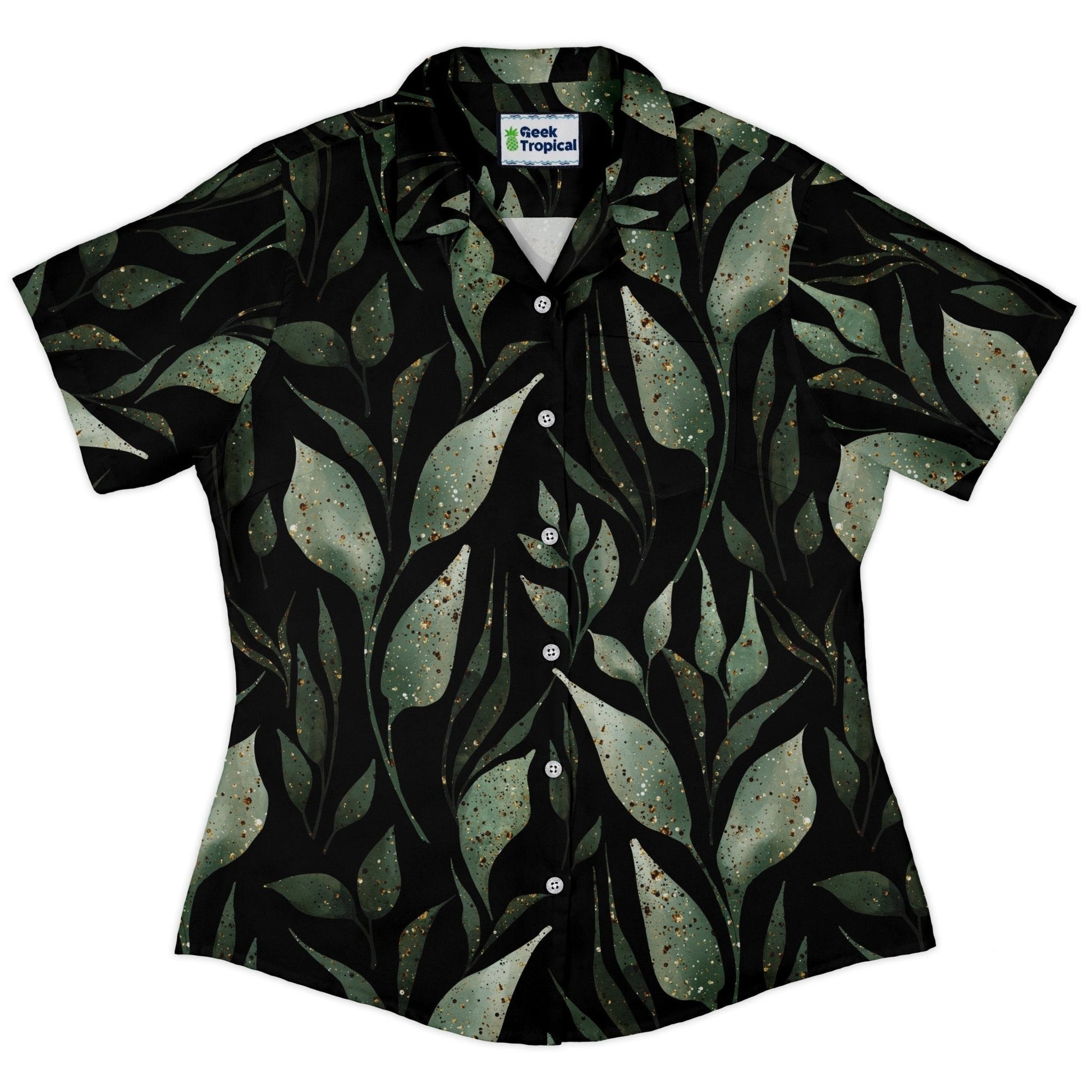 Clearance Ready - to - Ship Growing Leaves Metallic Specs Curvy Button Up Shirt Geek Nerd Botany Print Clearance Ready - to - Ship