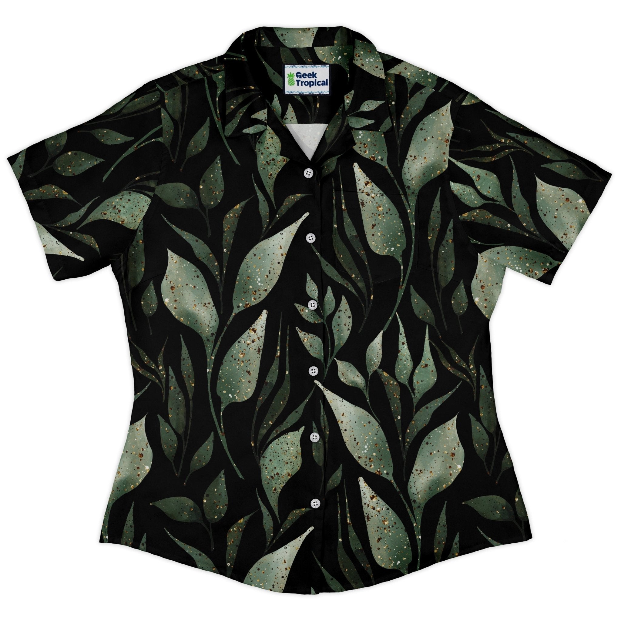 Growing Leaves Metallic Specs Curvy Button Up Shirt Geek Nerd Botany Print Simple Patterns women