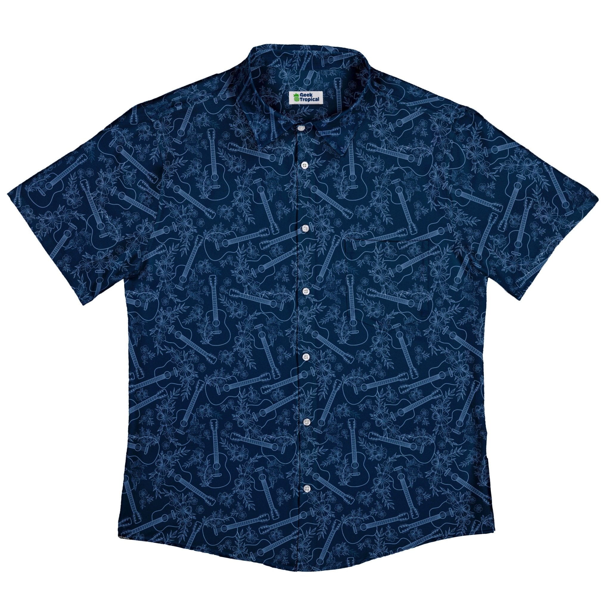 Guitar Blossoms Blue Button Up Shirt - adult sizing - Design by Dunking Toast - music print