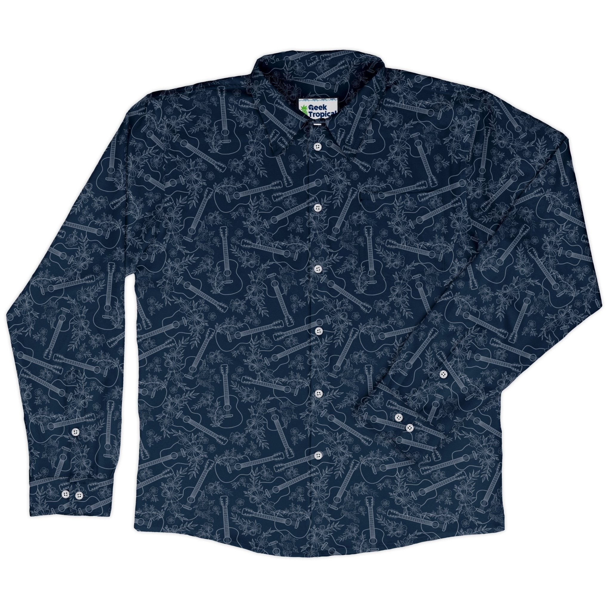 Guitar Blossoms Blue Long Sleeve Button Up Shirt Geek Nerd adult sizing Design by Dunking Toast FLOW DESC WRITING