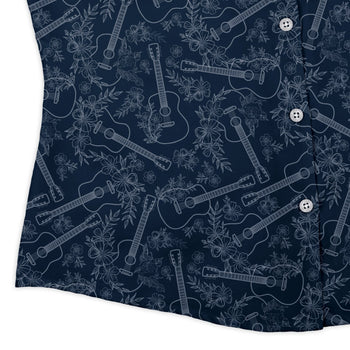 Guitar Blossoms Blue Curvy Button Up Shirt Geek Nerd Design by Dunking Toast music print women