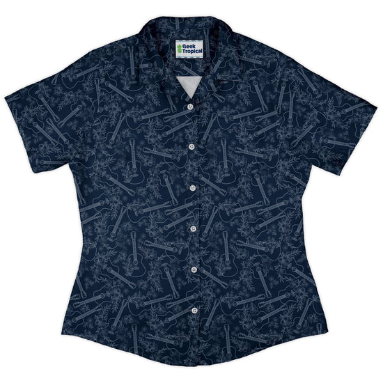 Guitar Blossoms Blue Curvy Button Up Shirt Geek Nerd Design by Dunking Toast music print women