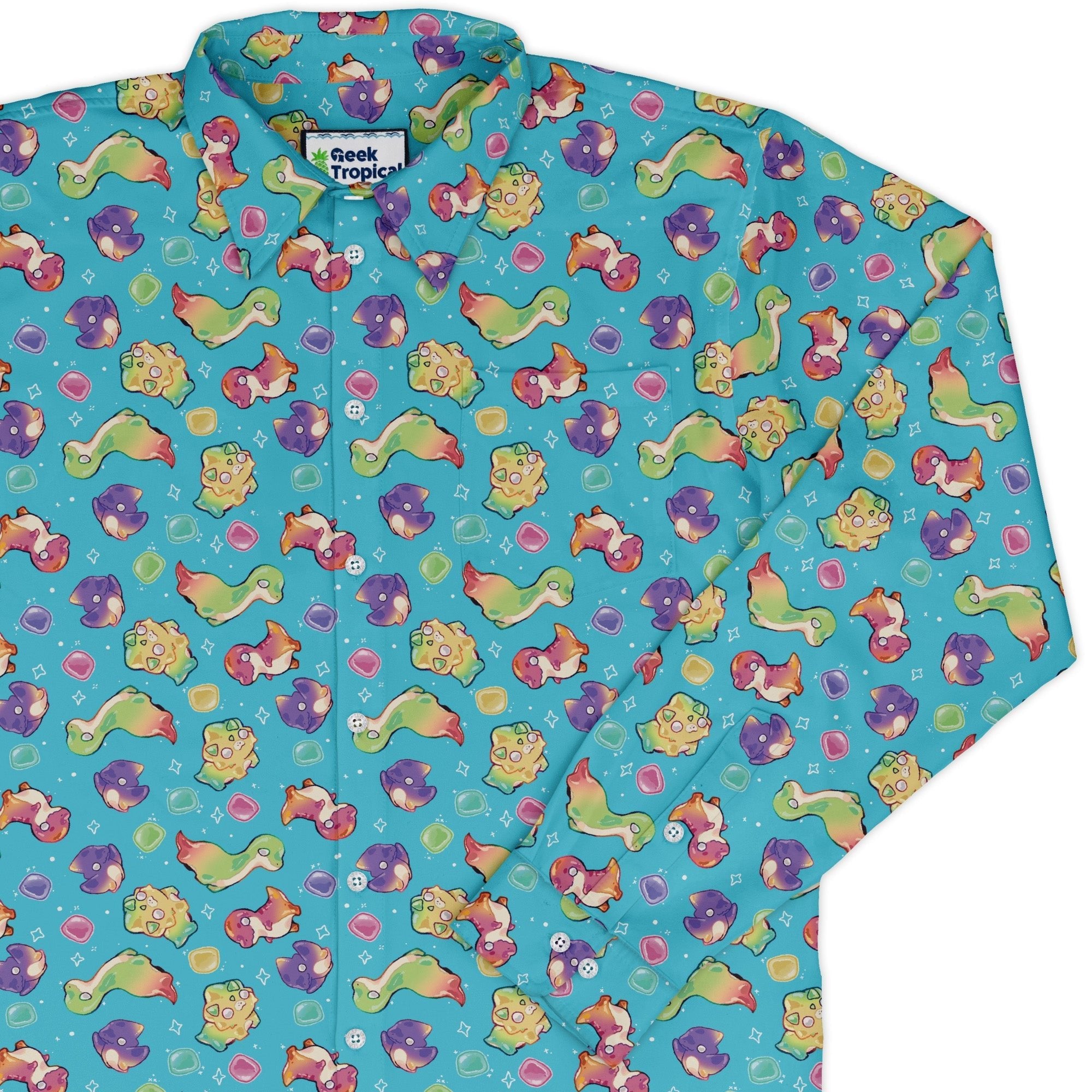 Gum Drop Dinos Long Sleeve Button Up Shirt Geek Nerd 0925 adult sizing All Adult Button Up Shirts