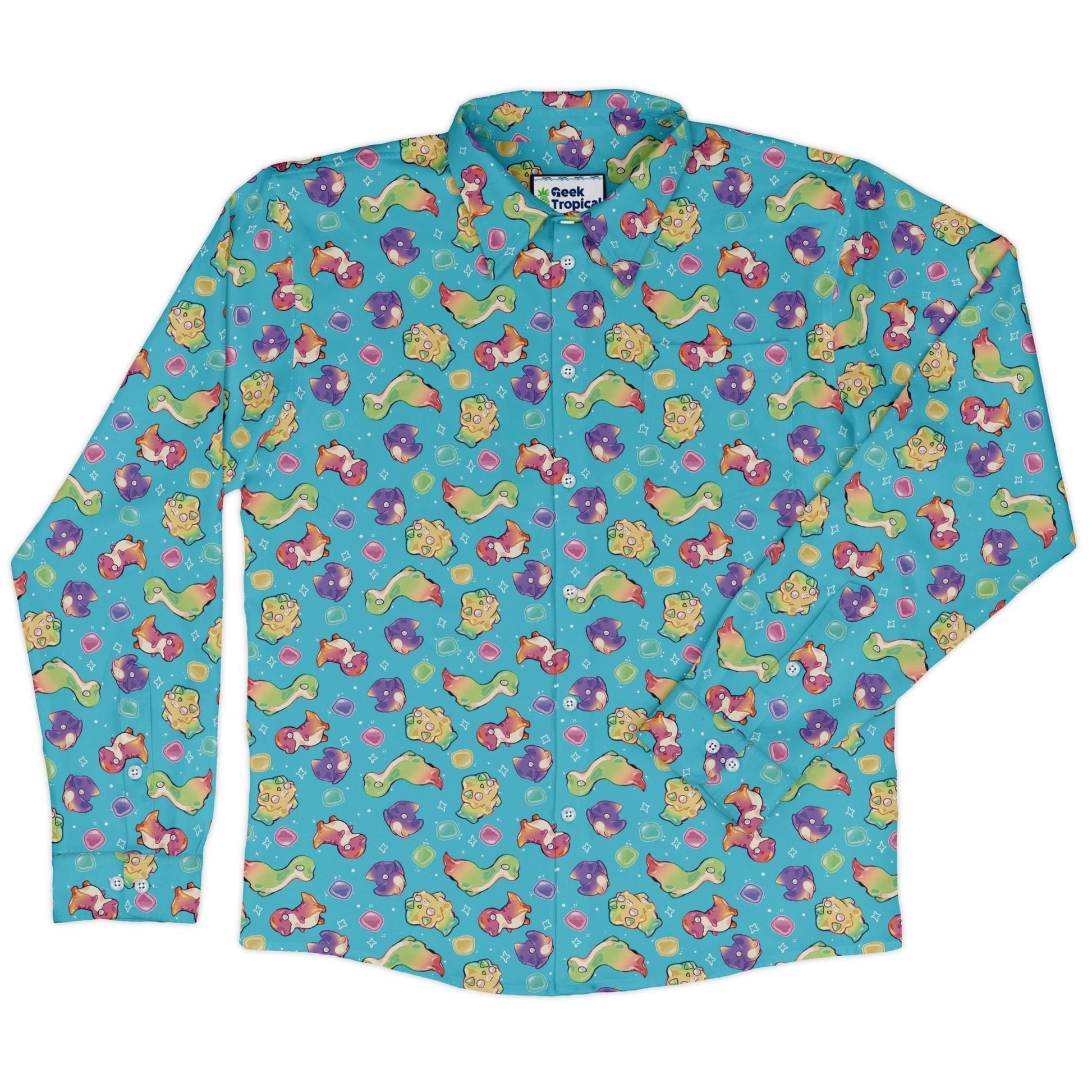 Gum Drop Dinos Long Sleeve Button Up Shirt Geek Nerd 0925 adult sizing All Adult Button Up Shirts