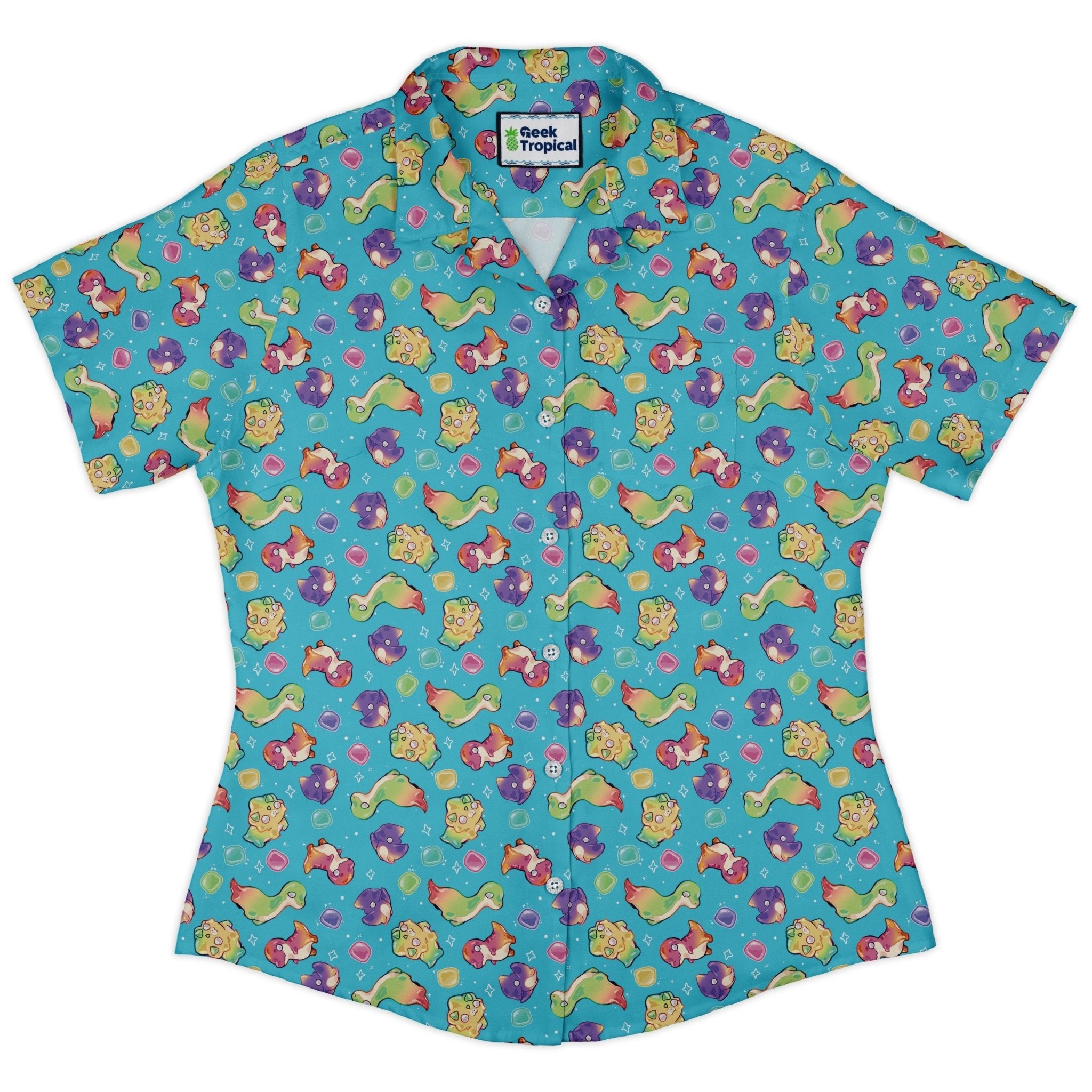 Gum Drop Dinos Curvy Button Up Shirt Geek Nerd 0925 All Adult Button Up Shirts Animal Patterns