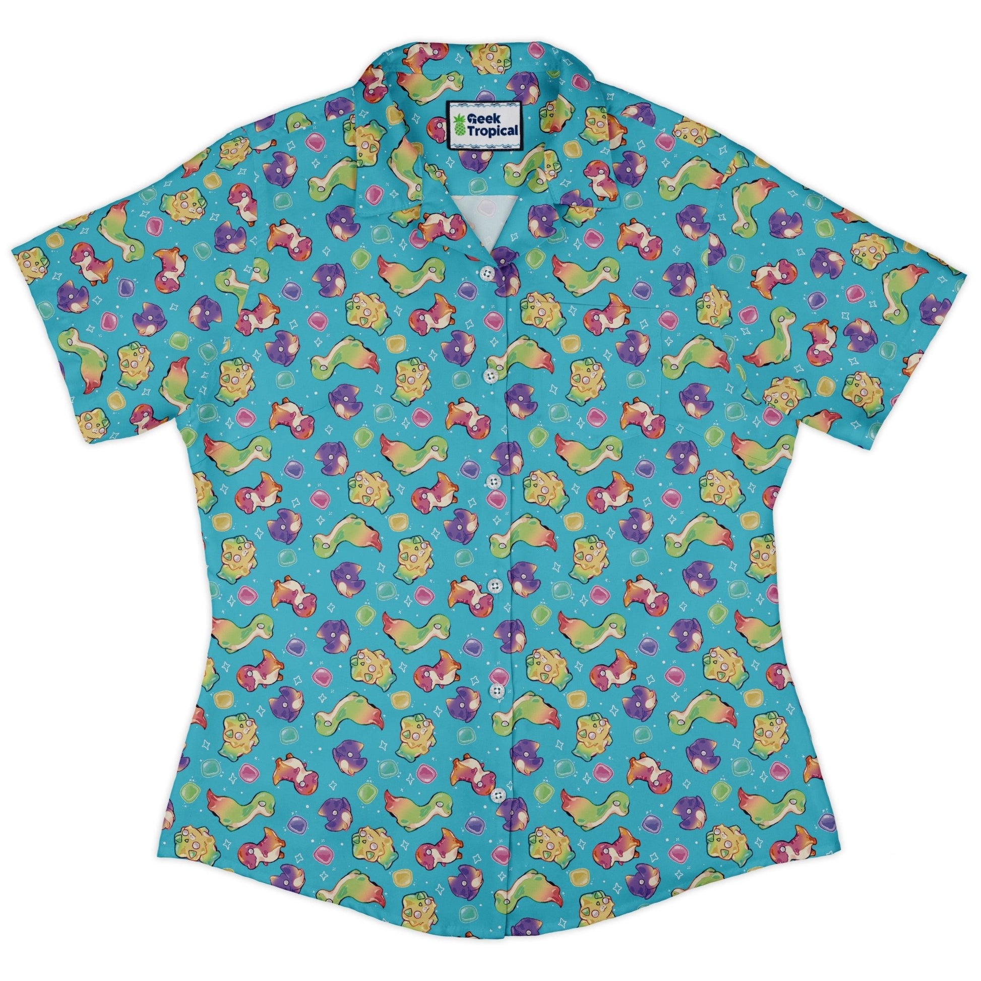 Gum Drop Dinos Curvy Button Up Shirt Geek Nerd 0925 All Adult Button Up Shirts Animal Patterns
