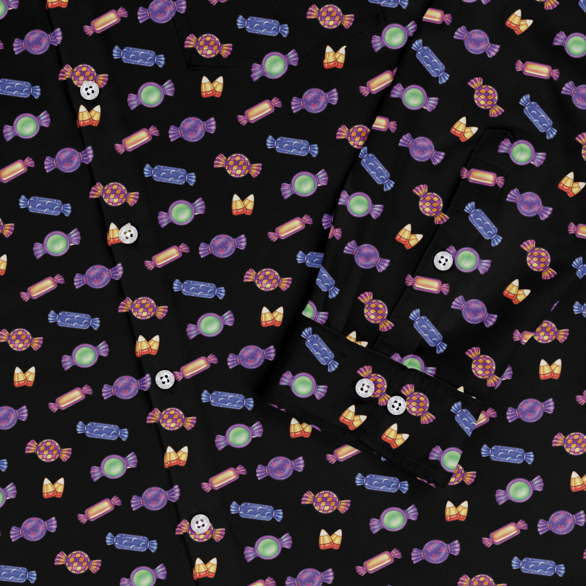 Halloween Candies Long Sleeve Button Up Shirt sleeve close
