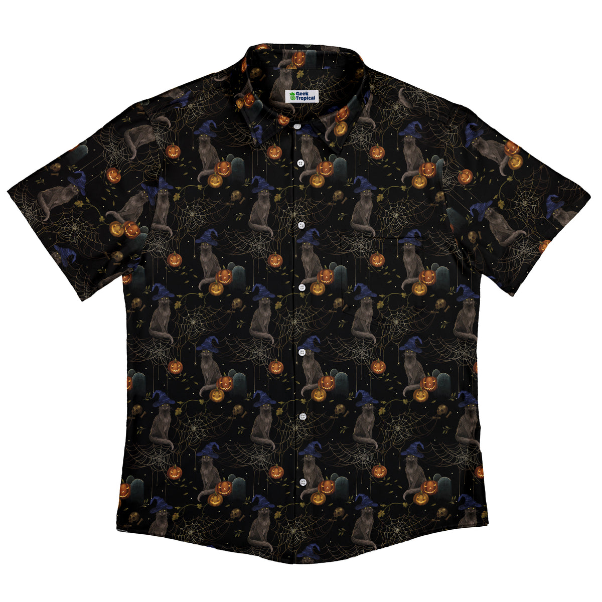 Halloween Cat Button Up Shirt Flat Front