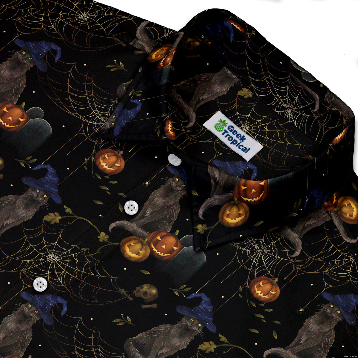 Halloween Cat Button Up Shirt Neck