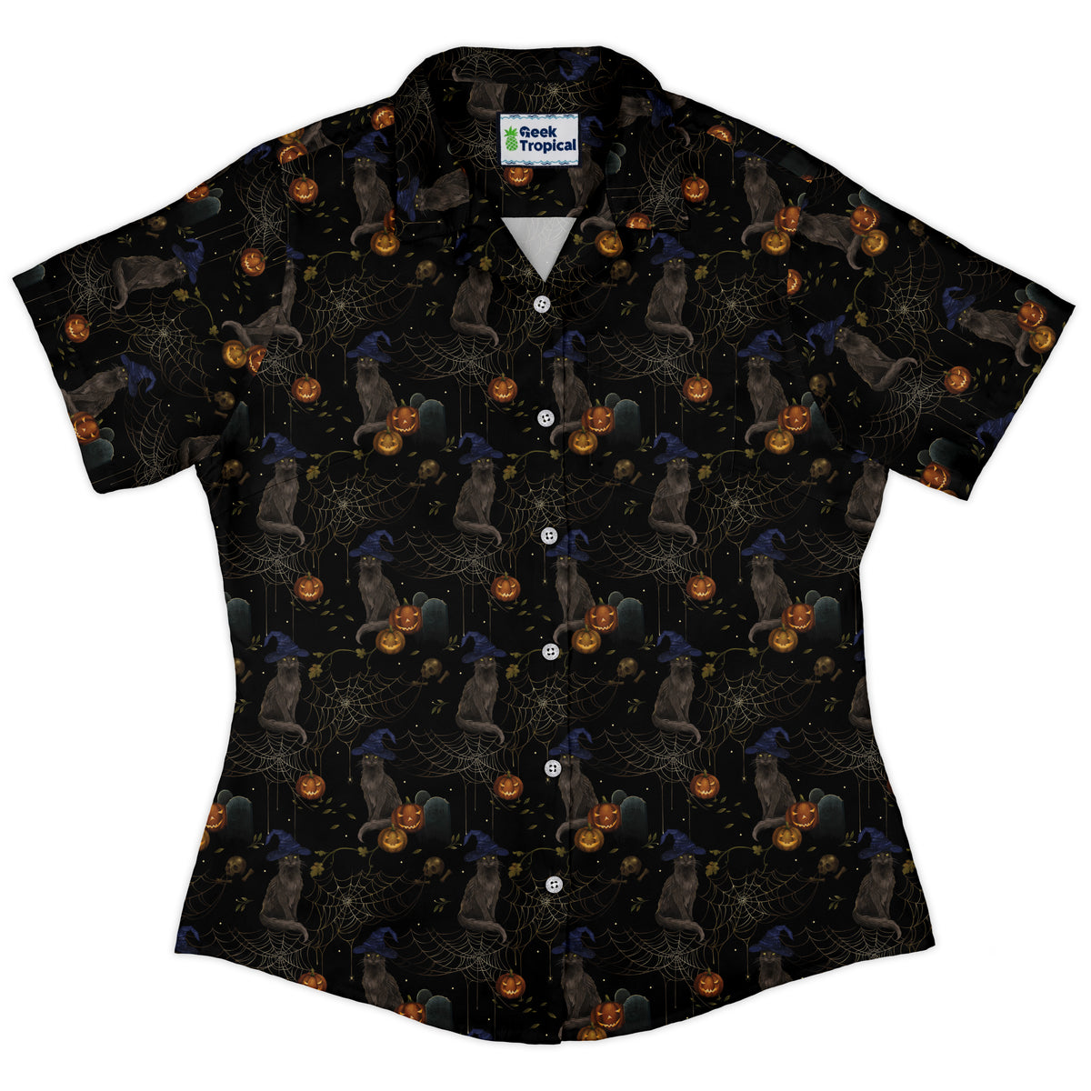 Halloween Cat Curvy Button Up Shirt womens front