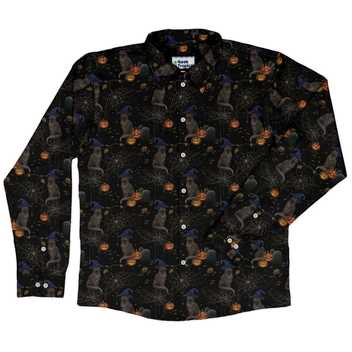 Halloween Cat Long Sleeve Button Up Shirt front