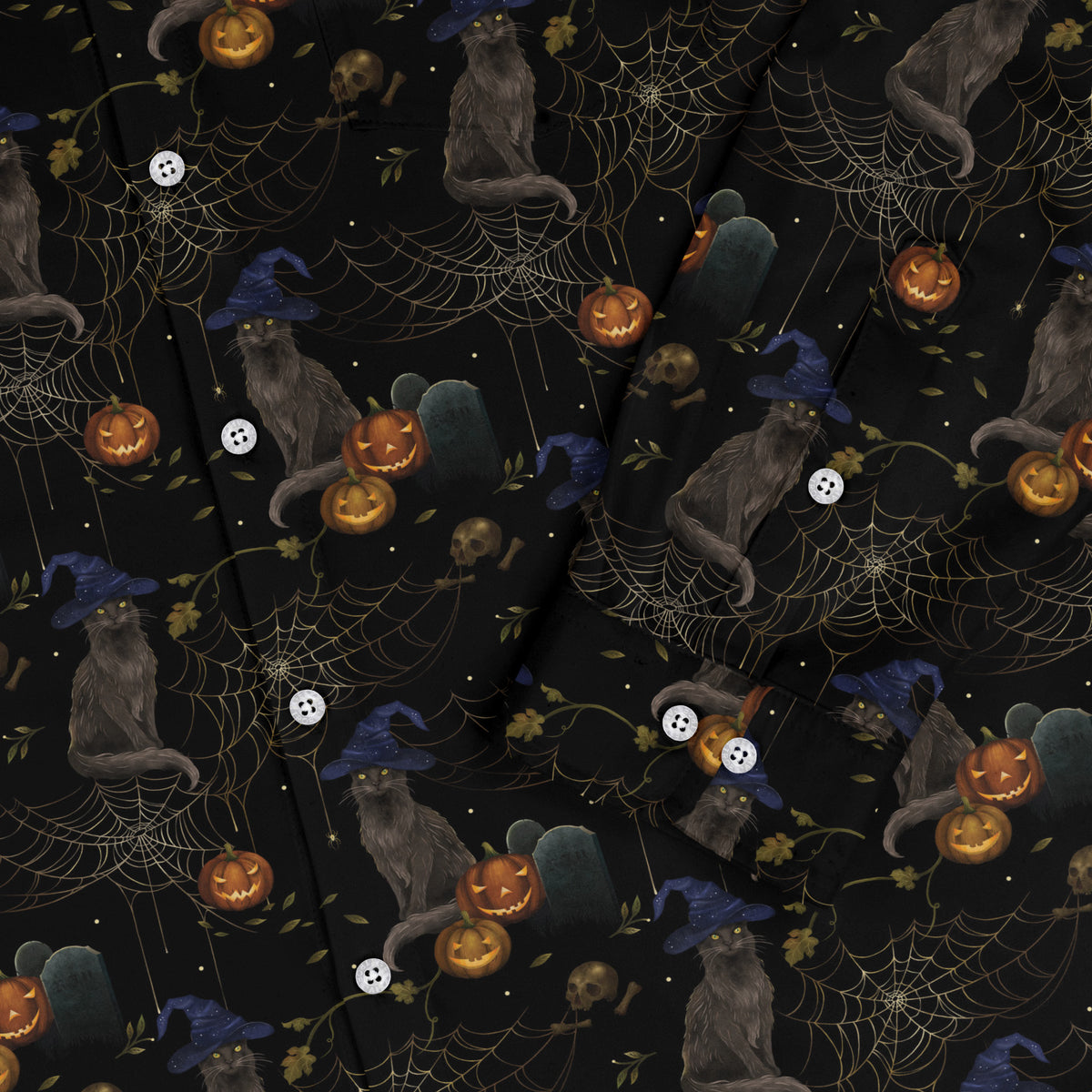 Halloween Cat Long Sleeve Button Up Shirt sleeve close