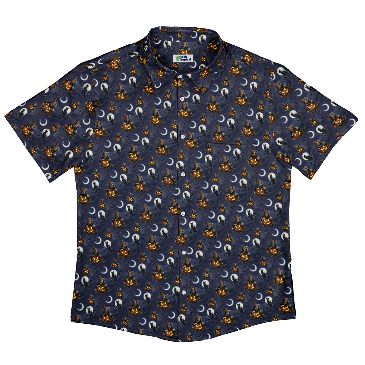 Halloween Cats Full Moon Button Up Shirt Flat Front