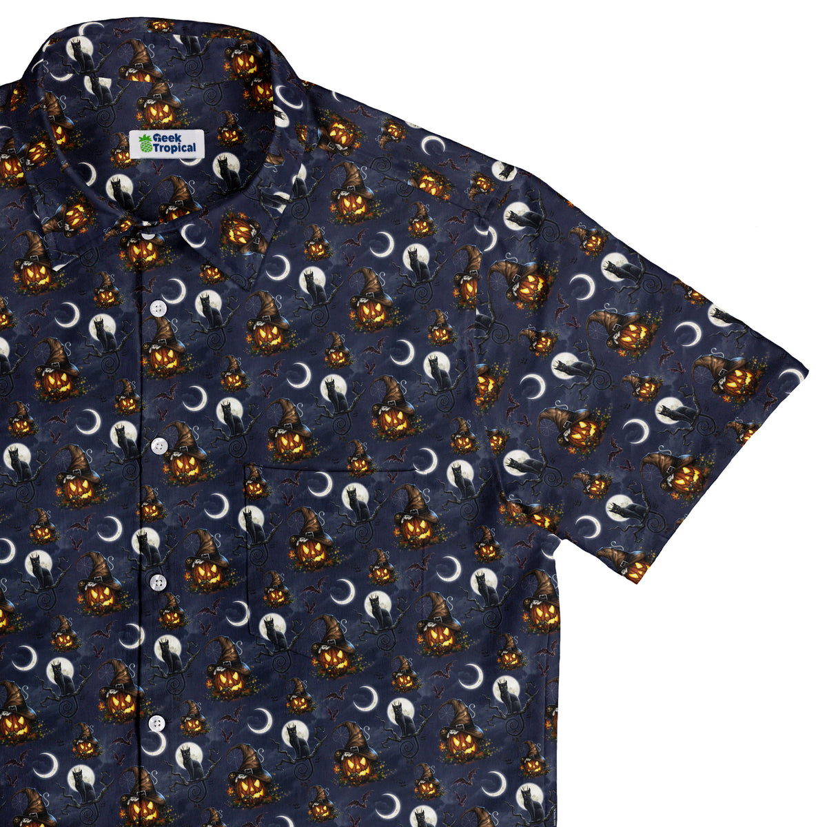 Halloween Cats Full Moon Button Up Shirt Top Corner