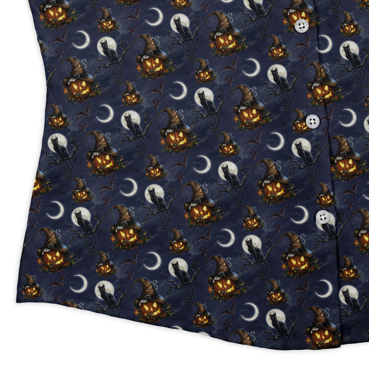 Halloween Cats Full Moon Curvy Button Up Shirt womens corner