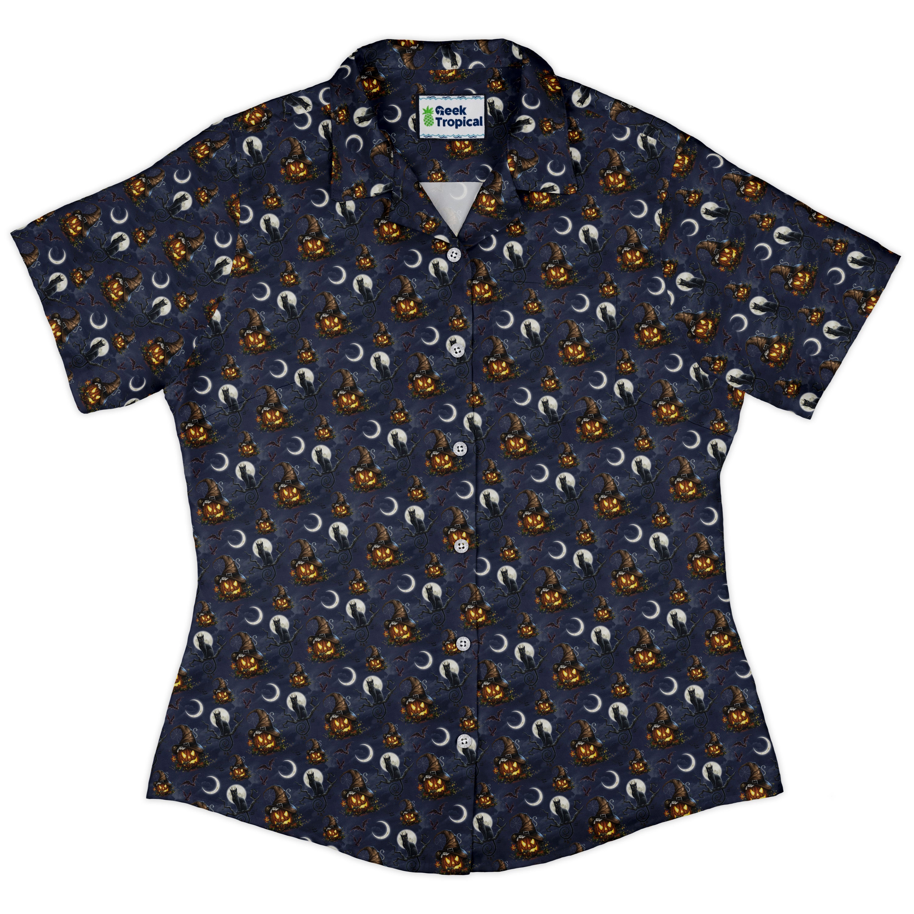 Halloween Cats Full Moon Curvy Button Up Shirt womens front