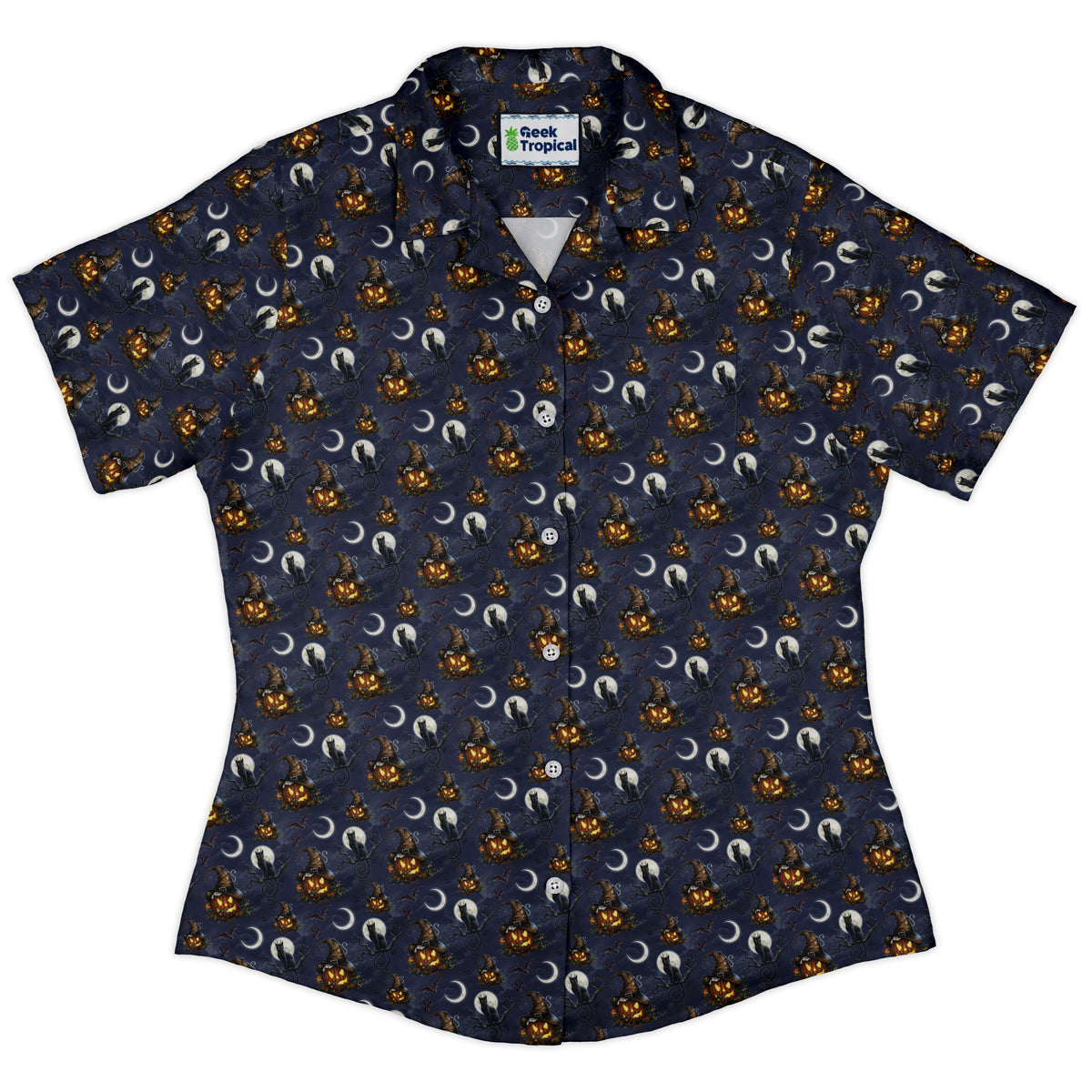 Halloween Cats Full Moon Curvy Button Up Shirt womens front