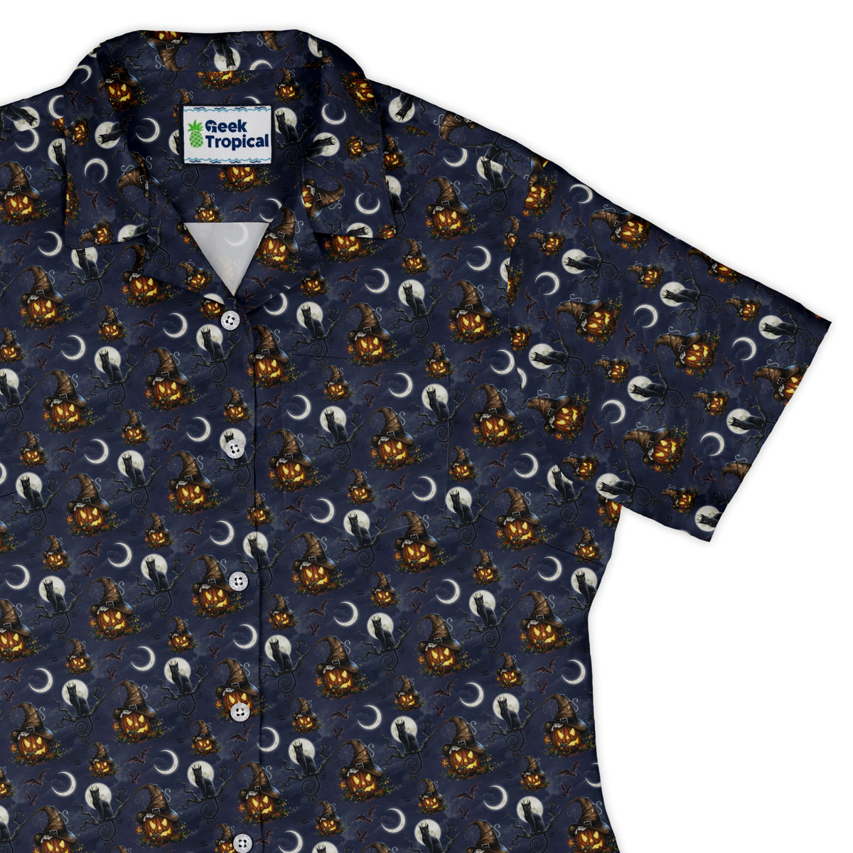 Halloween Cats Full Moon Curvy Button Up Shirt womens top right