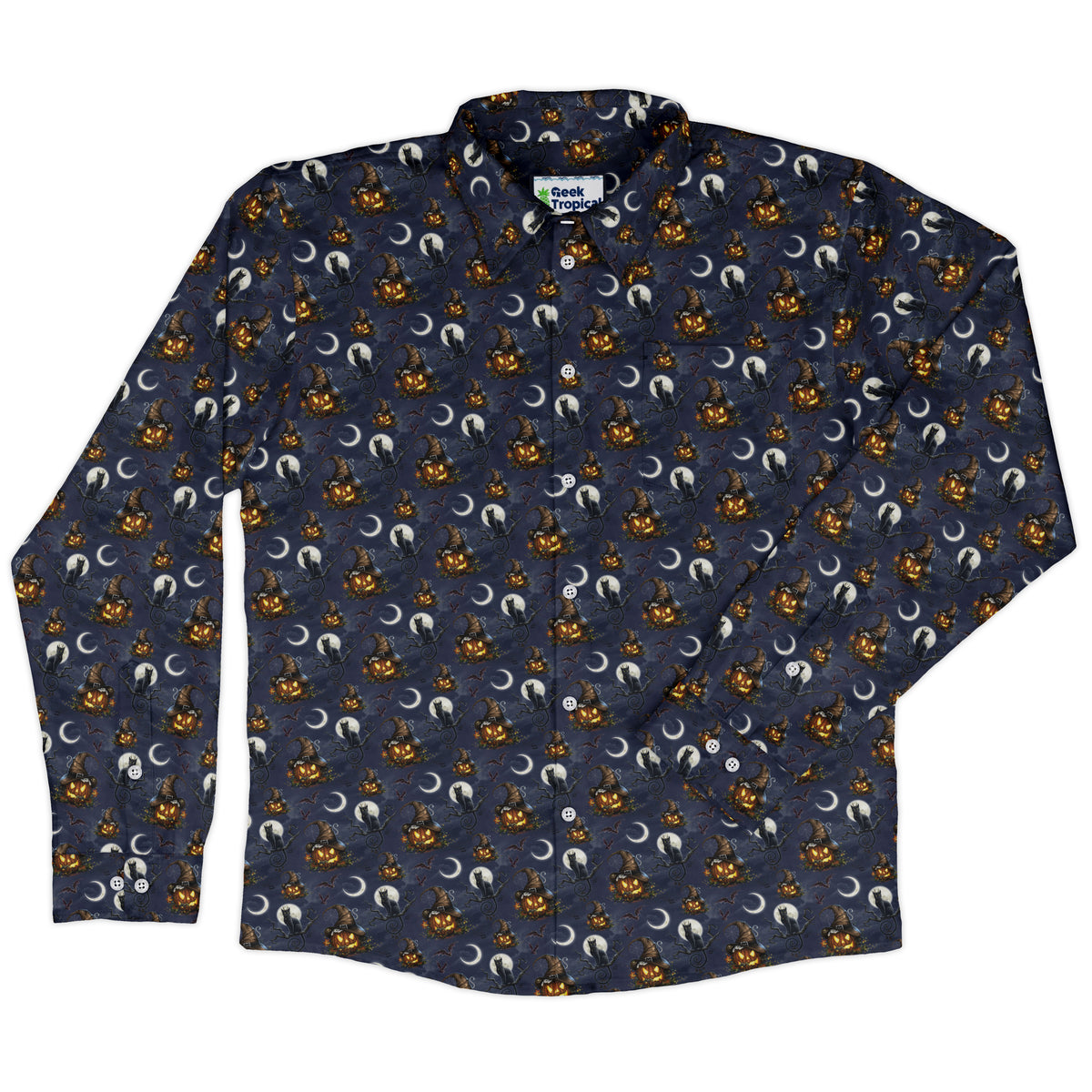Halloween Cats Full Moon Long Sleeve Button Up Shirt Old Long Sleeve Button Up Shirt front