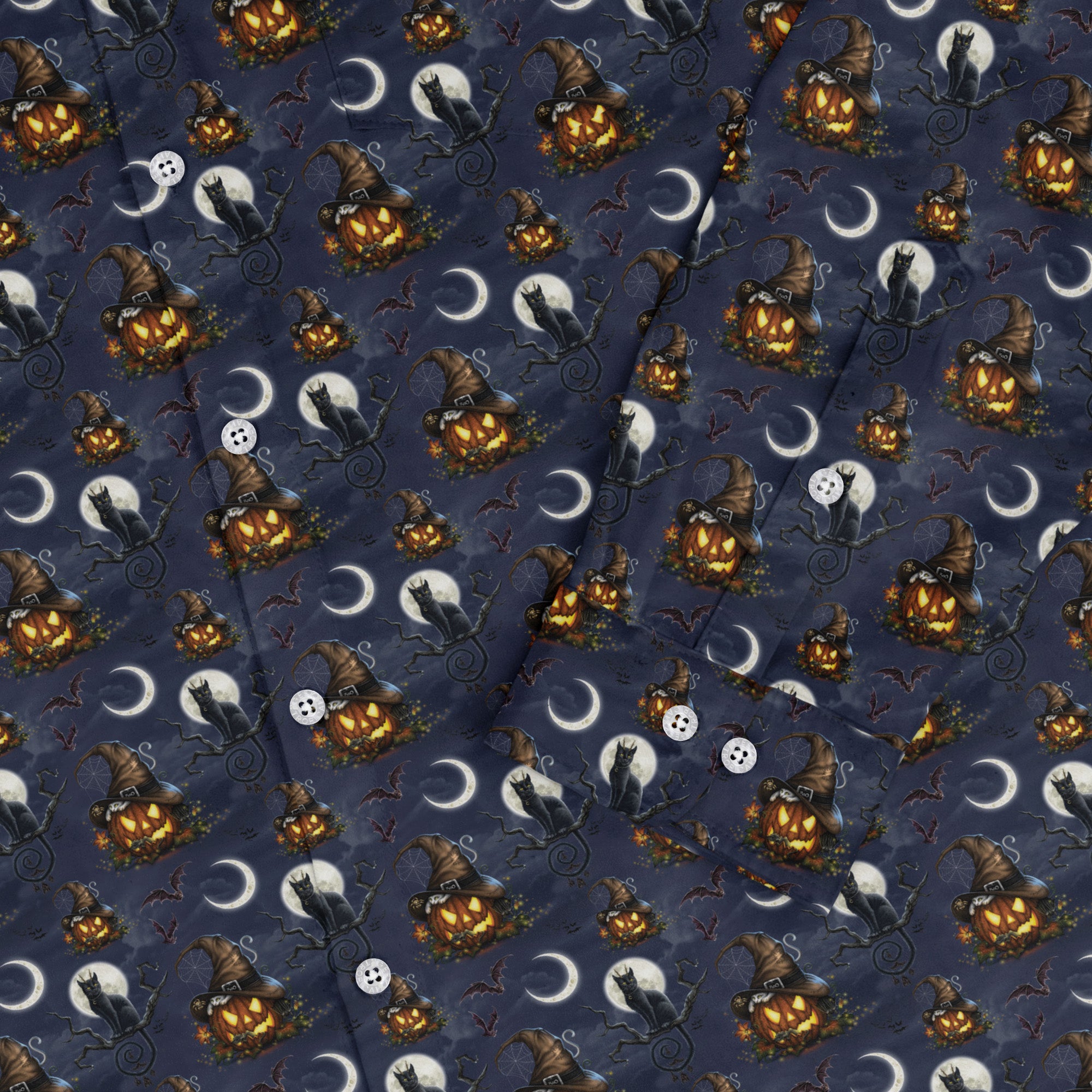 Halloween Cats Full Moon Long Sleeve Button Up Shirt Old Long Sleeve Button Up Shirt sleeve close