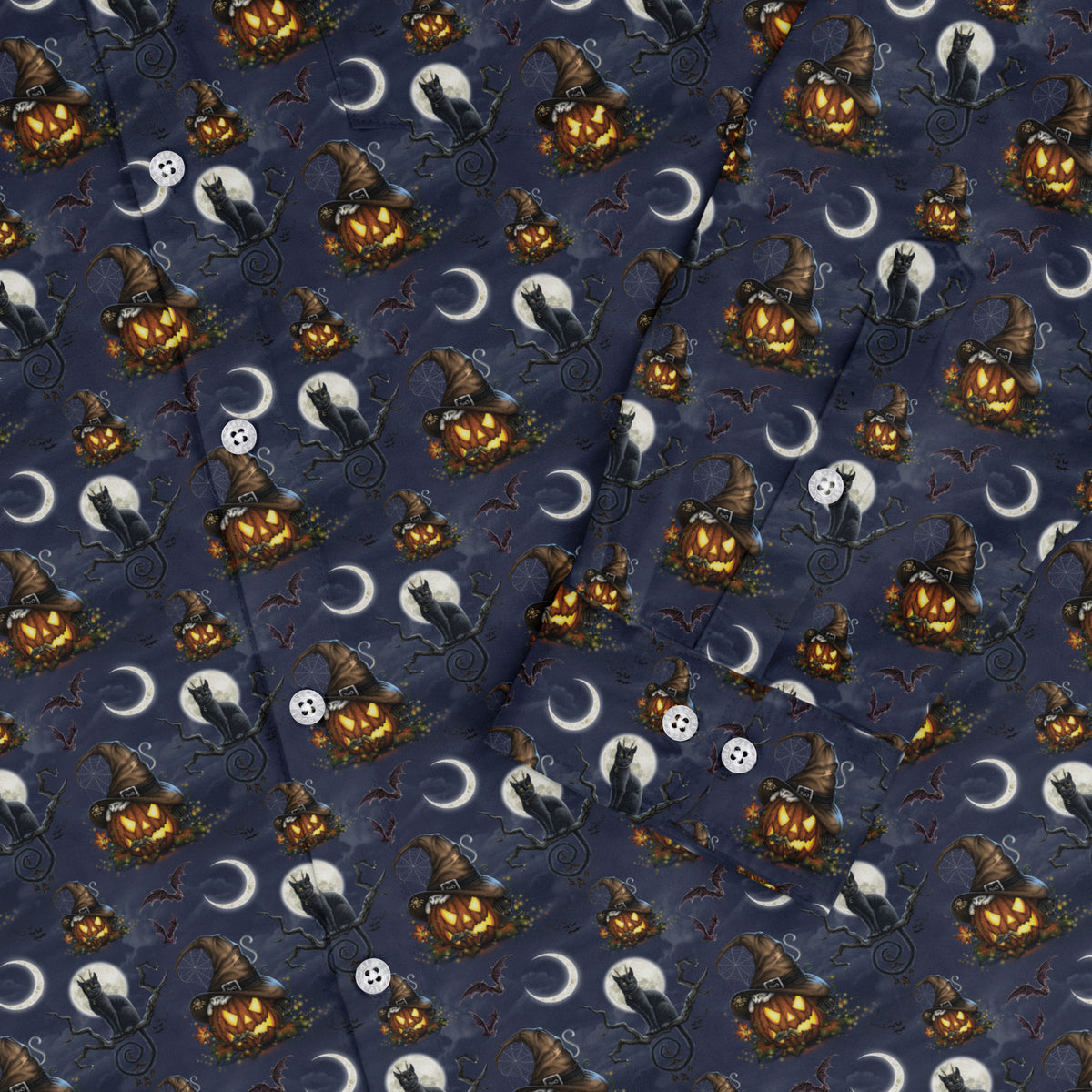 Halloween Cats Full Moon Long Sleeve Button Up Shirt Old Long Sleeve Button Up Shirt sleeve close