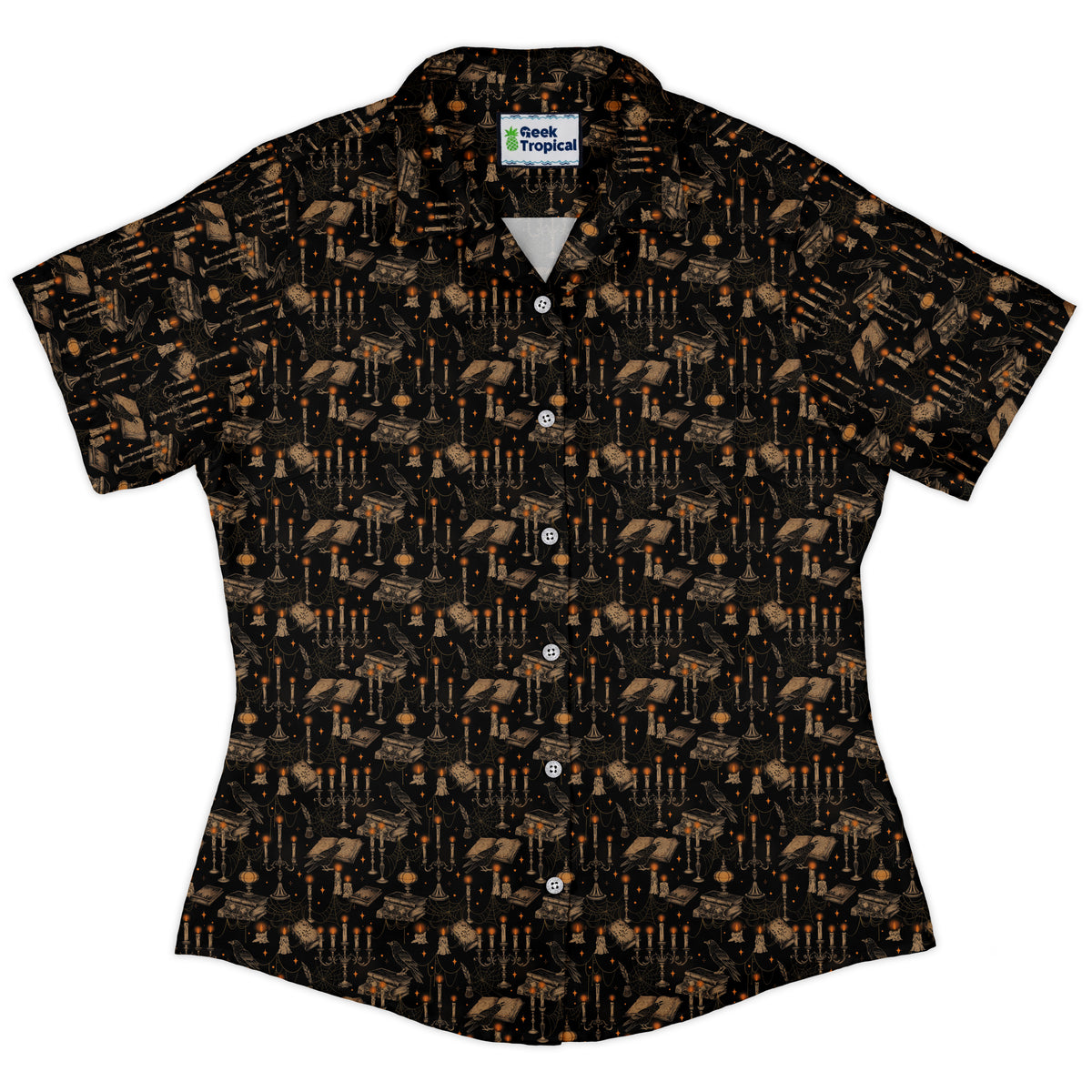 Halloween Manor Candelabra Curvy Button Up Shirt womens front