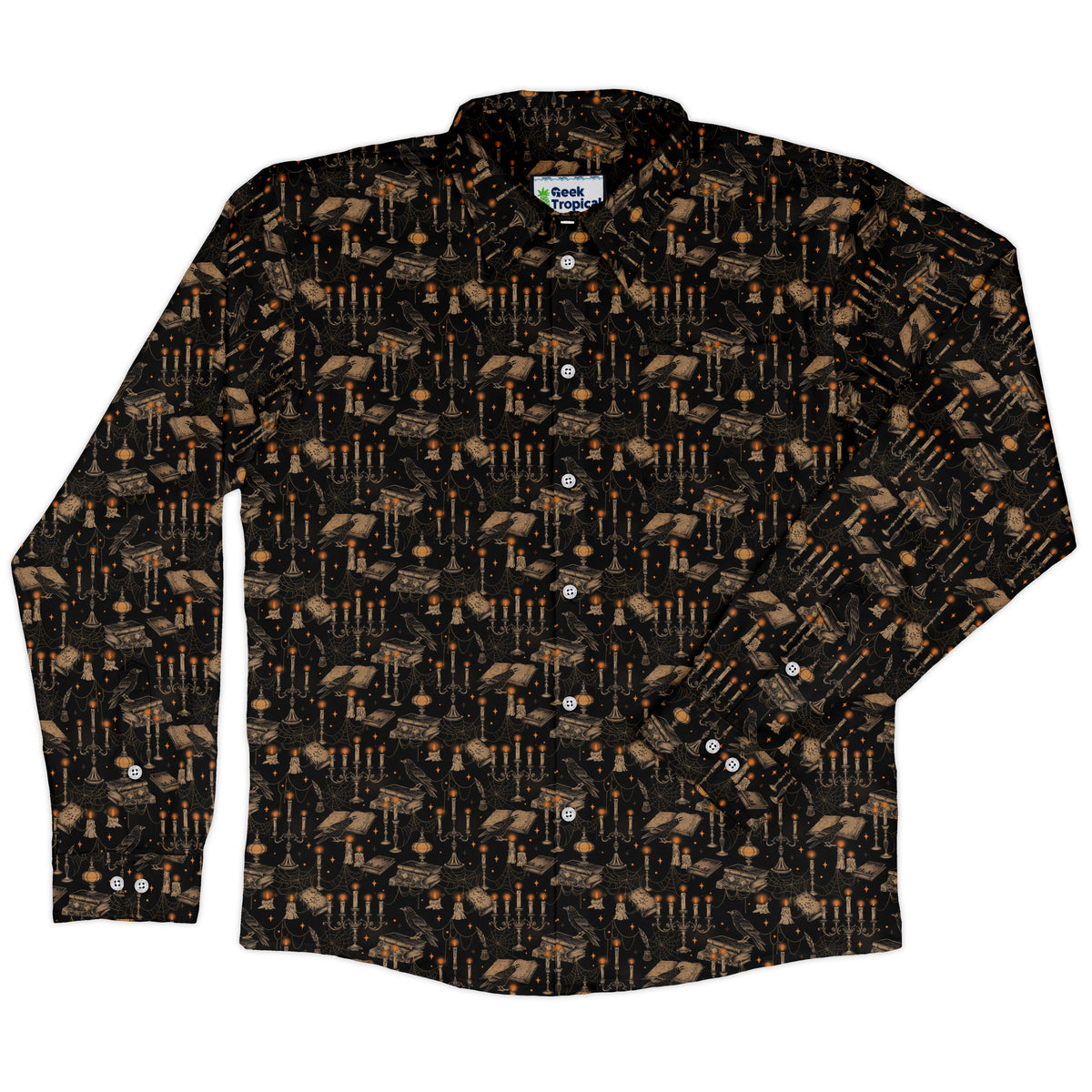 Halloween Manor Candelabra Long Sleeve Button Up Shirt front