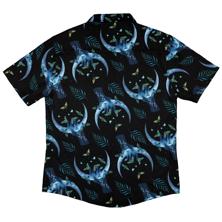 Hand on the Moon Moth Button Up Shirt Geek Nerd adult sizing Design by Episodic outer space & astronaut print