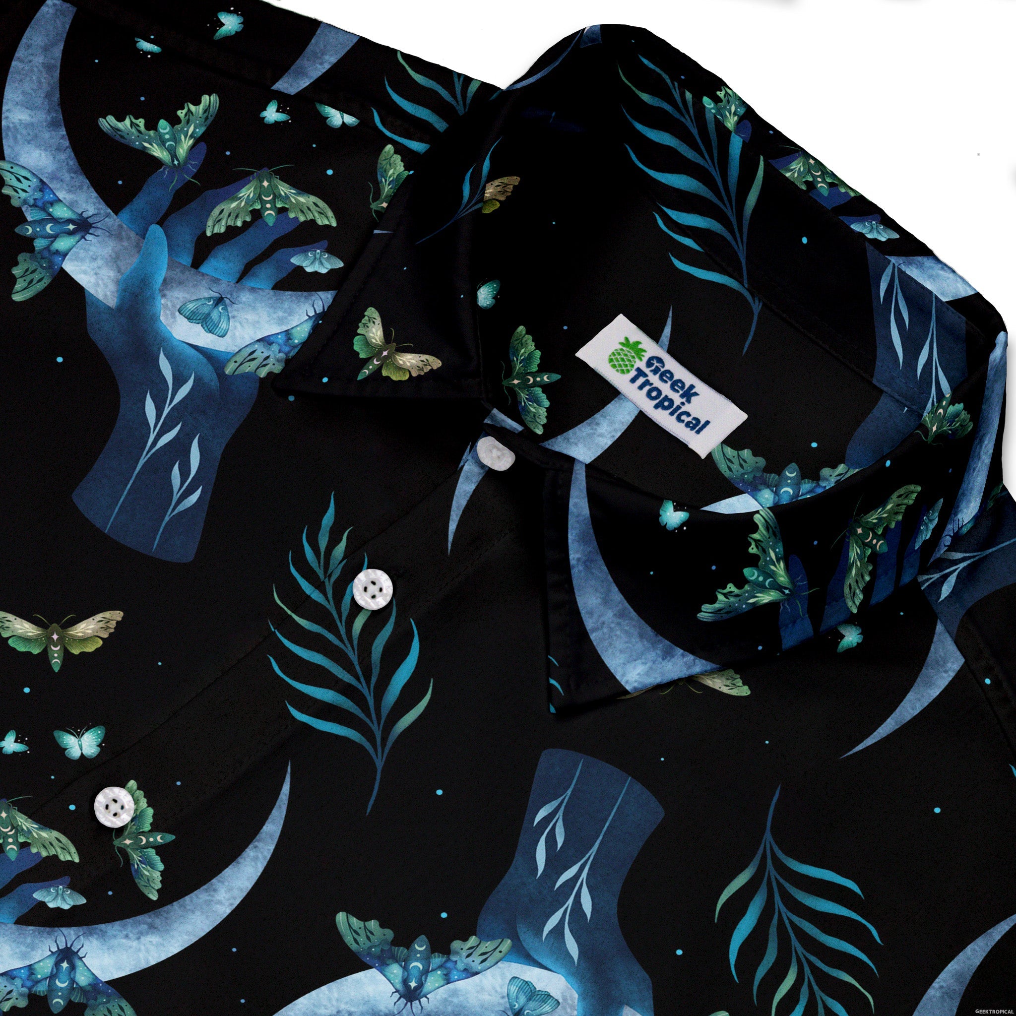 Hand on the Moon Moth Button Up Shirt Geek Nerd adult sizing Design by Episodic outer space & astronaut print