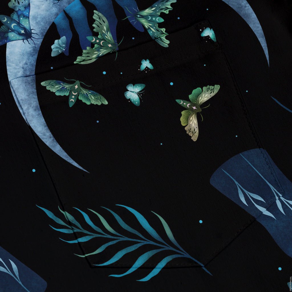 Hand on the Moon Moth Button Up Shirt Geek Nerd adult sizing Design by Episodic outer space & astronaut print